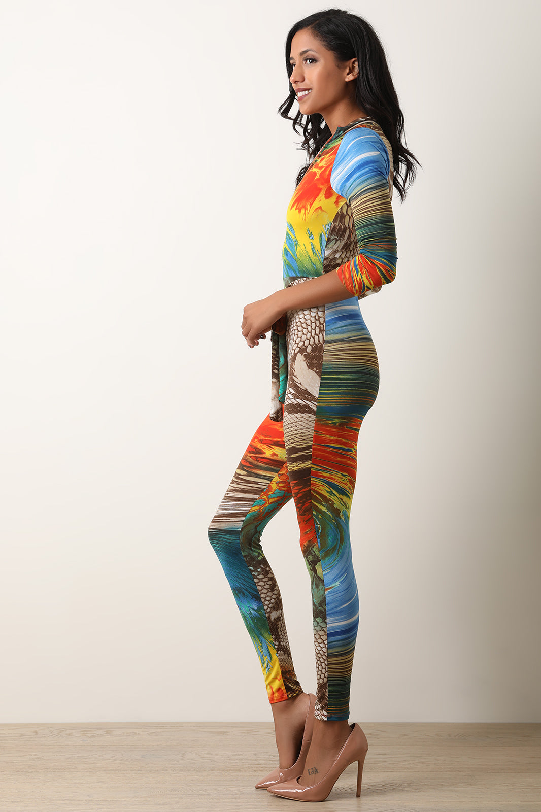 Colorful Snake Print Half-Zip Catsuit Jumpsuit - YuppyCollections