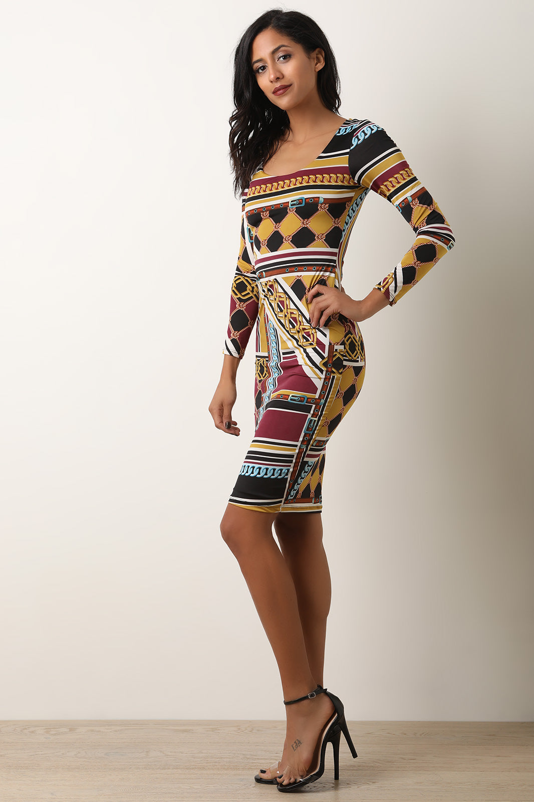 Rope And Chains Print Long Sleeve Bodycon Dress - YuppyCollections