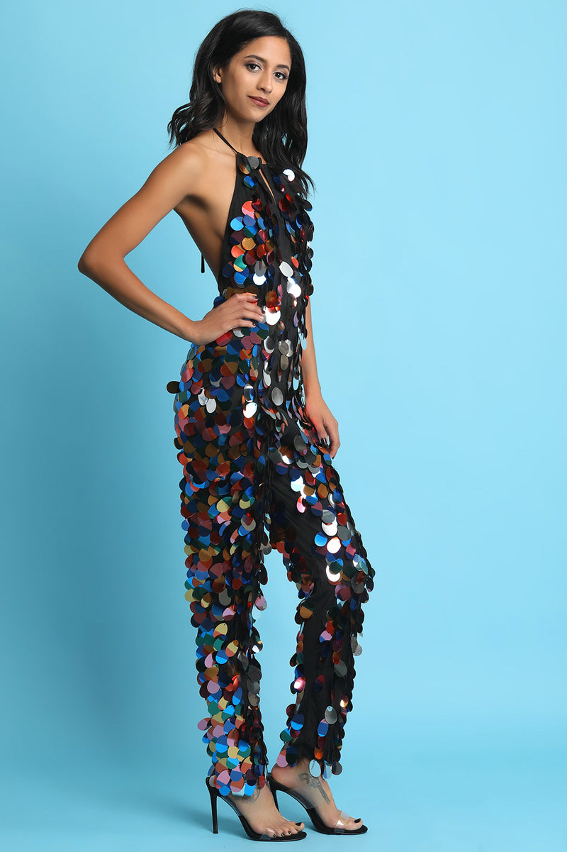 Colorful Oversize Sequins Halter Jumpsuit - YuppyCollections