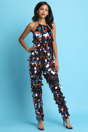 Colorful Oversize Sequins Halter Jumpsuit - YuppyCollections