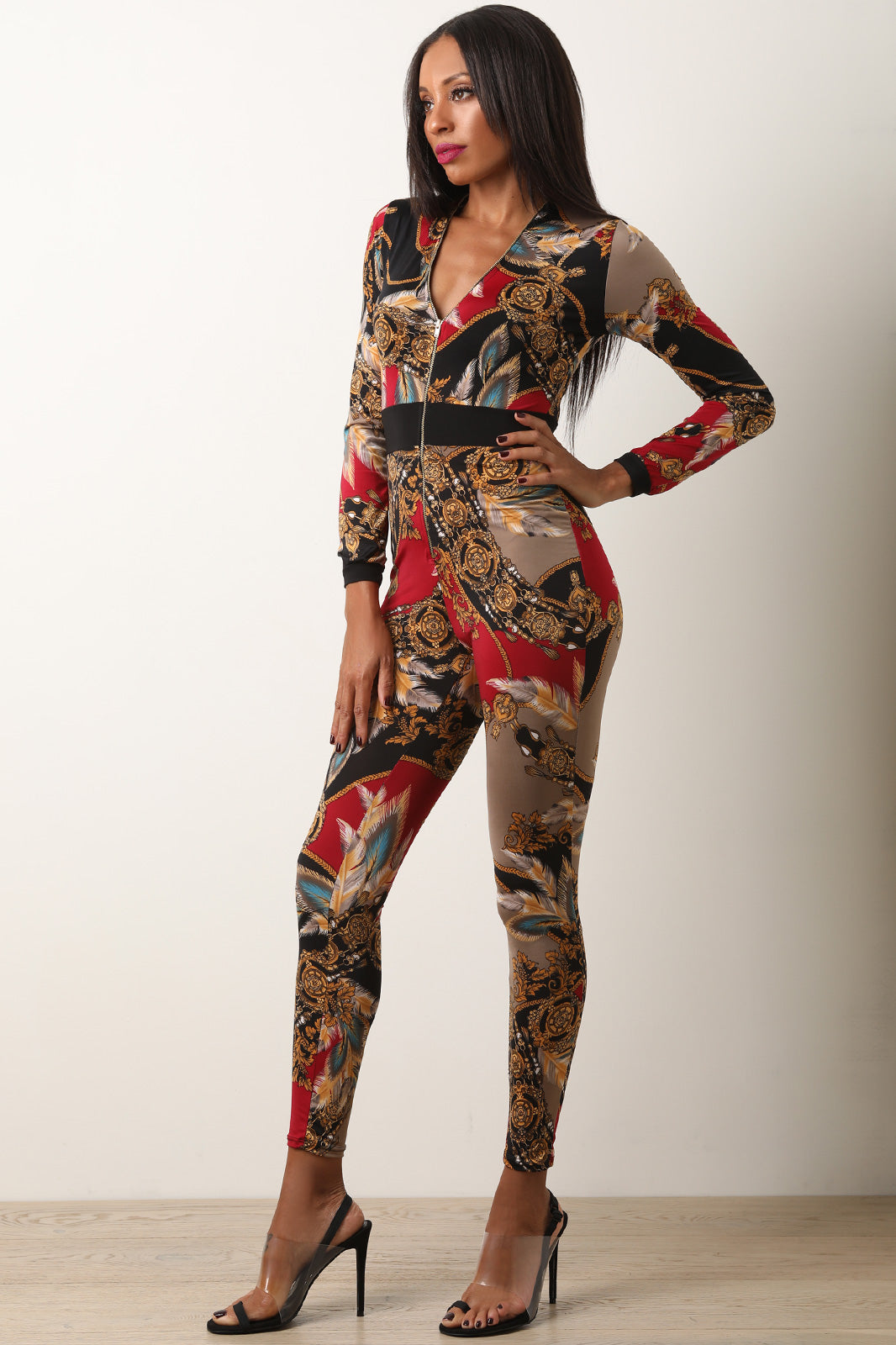 Feathered Filigree Front Zip-Up Jumpsuit - YuppyCollections