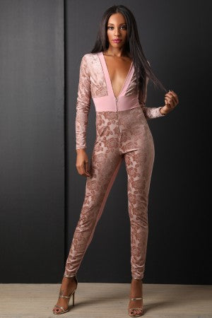 Velvet Rose Print Front Zip-Up Jumpsuit - YuppyCollections