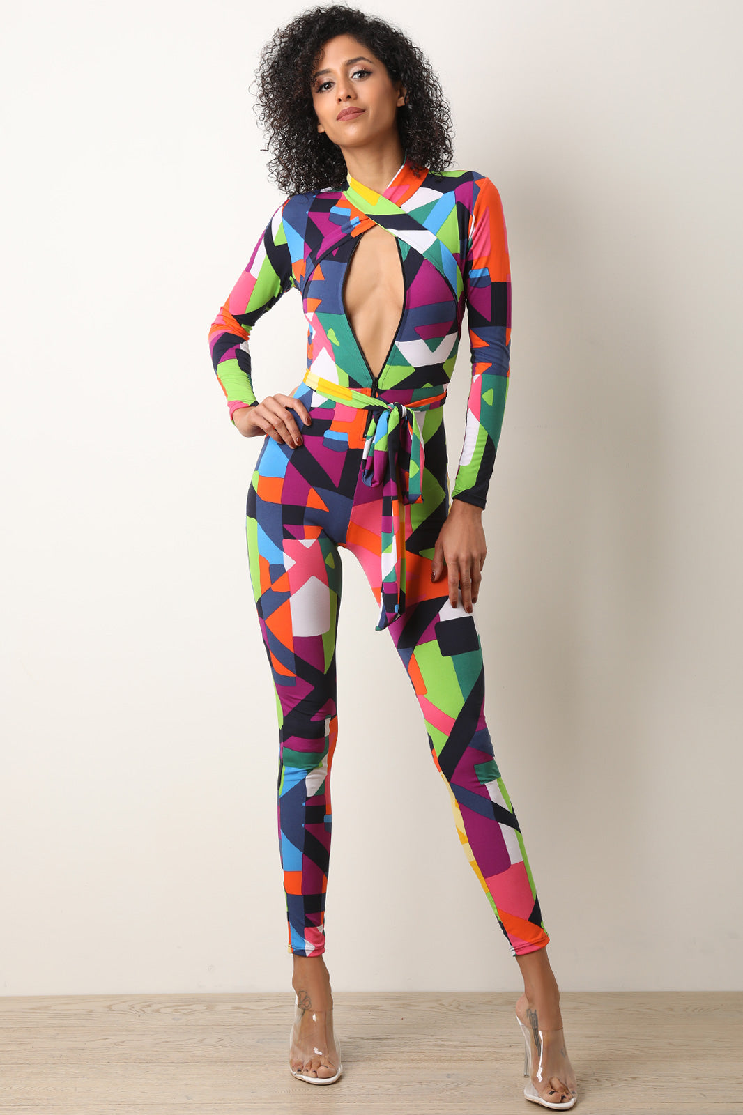 Geo Print Long Sleeves Keyhole Jumpsuit - YuppyCollections