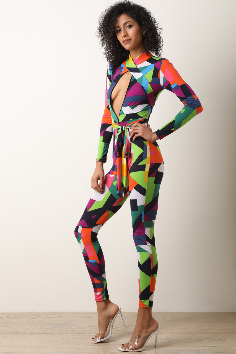 Geo Print Long Sleeves Keyhole Jumpsuit - YuppyCollections