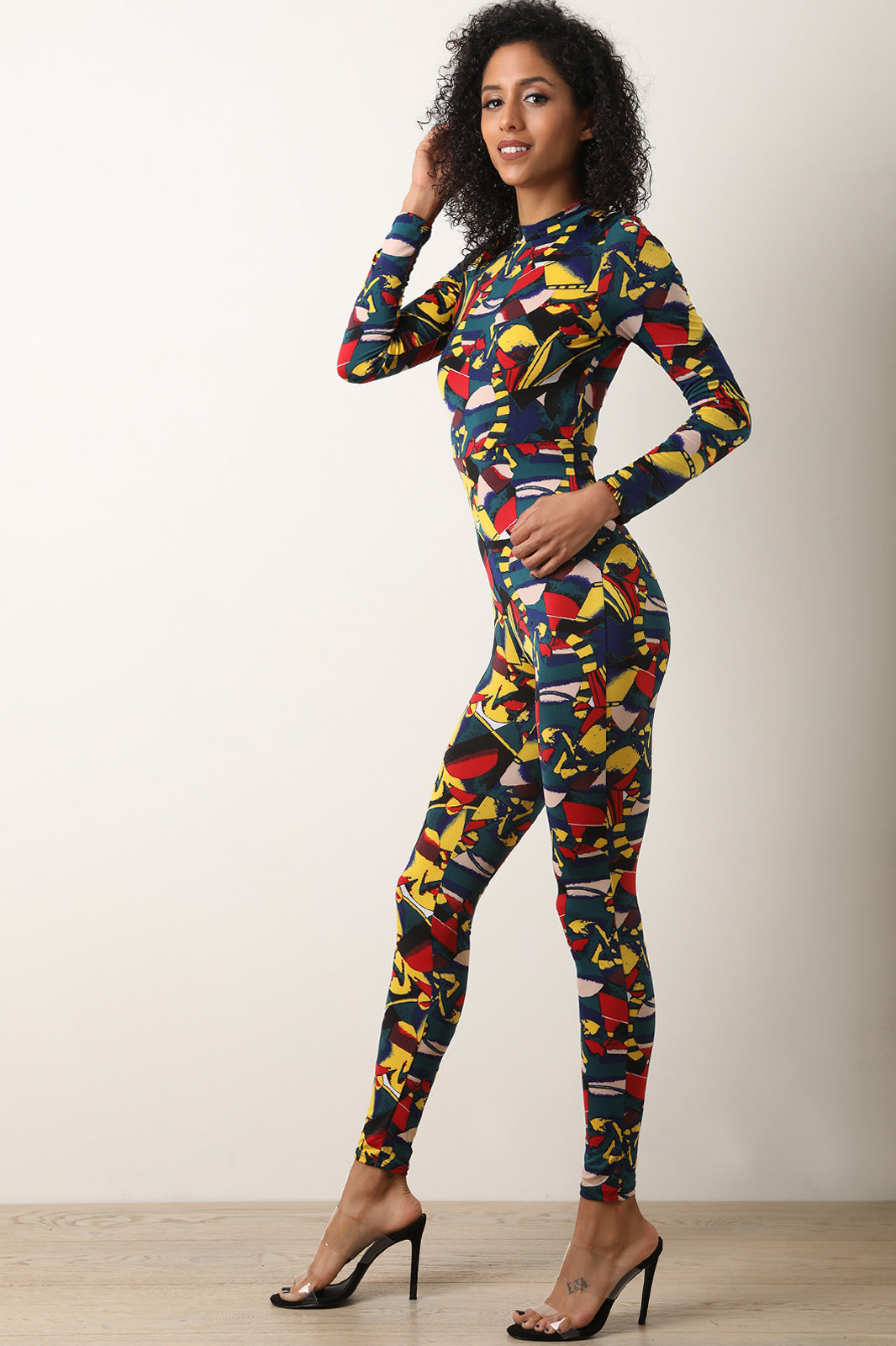 Abstract Print Long Sleeves Keyhole Jumpsuit - YuppyCollections