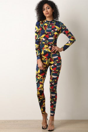 Abstract Print Long Sleeves Keyhole Jumpsuit - YuppyCollections