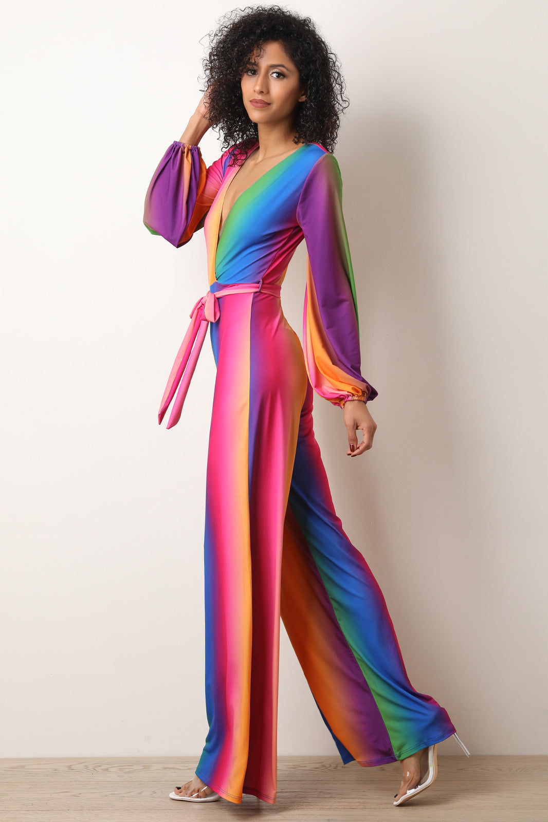 Colorful Long Sleeve Waist Sash Palazzo Jumpsuit - YuppyCollections