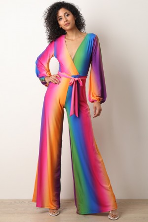 Colorful Long Sleeve Waist Sash Palazzo Jumpsuit - YuppyCollections