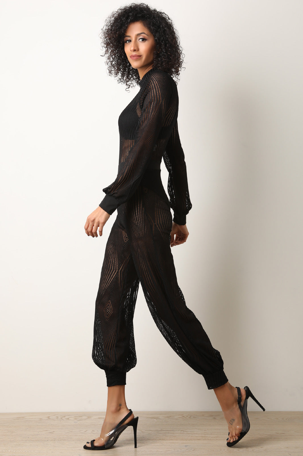 Netted Mesh Mock Neck Long Sleeve Jumpsuit - YuppyCollections