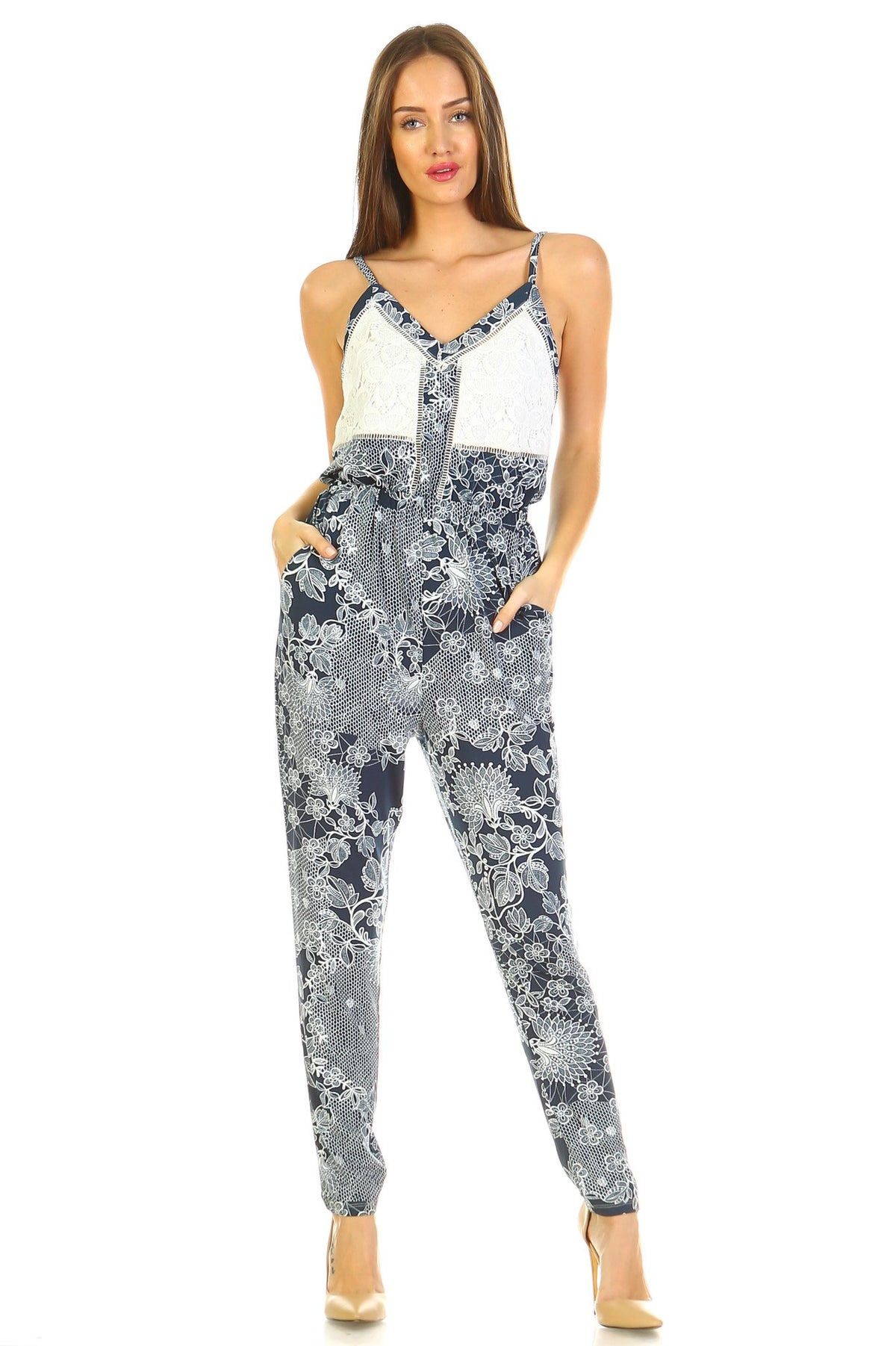 Women's Printed V-Neck Jumpsuit with Lace Detail - YuppyCollections