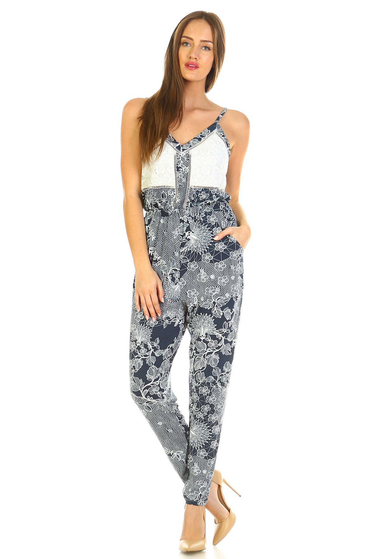 Women's Printed V-Neck Jumpsuit with Lace Detail - YuppyCollections