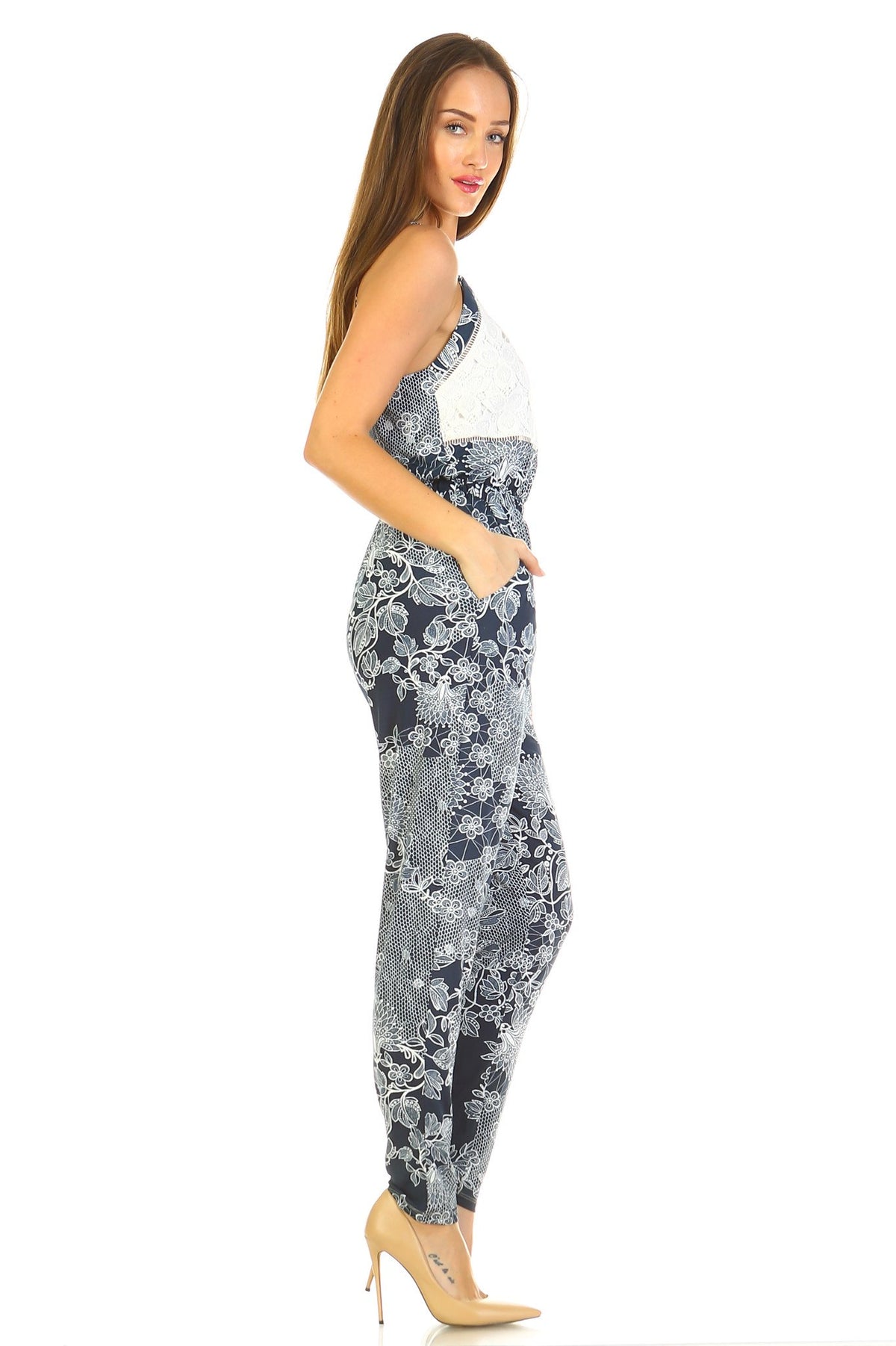 Women's Printed V-Neck Jumpsuit with Lace Detail - YuppyCollections