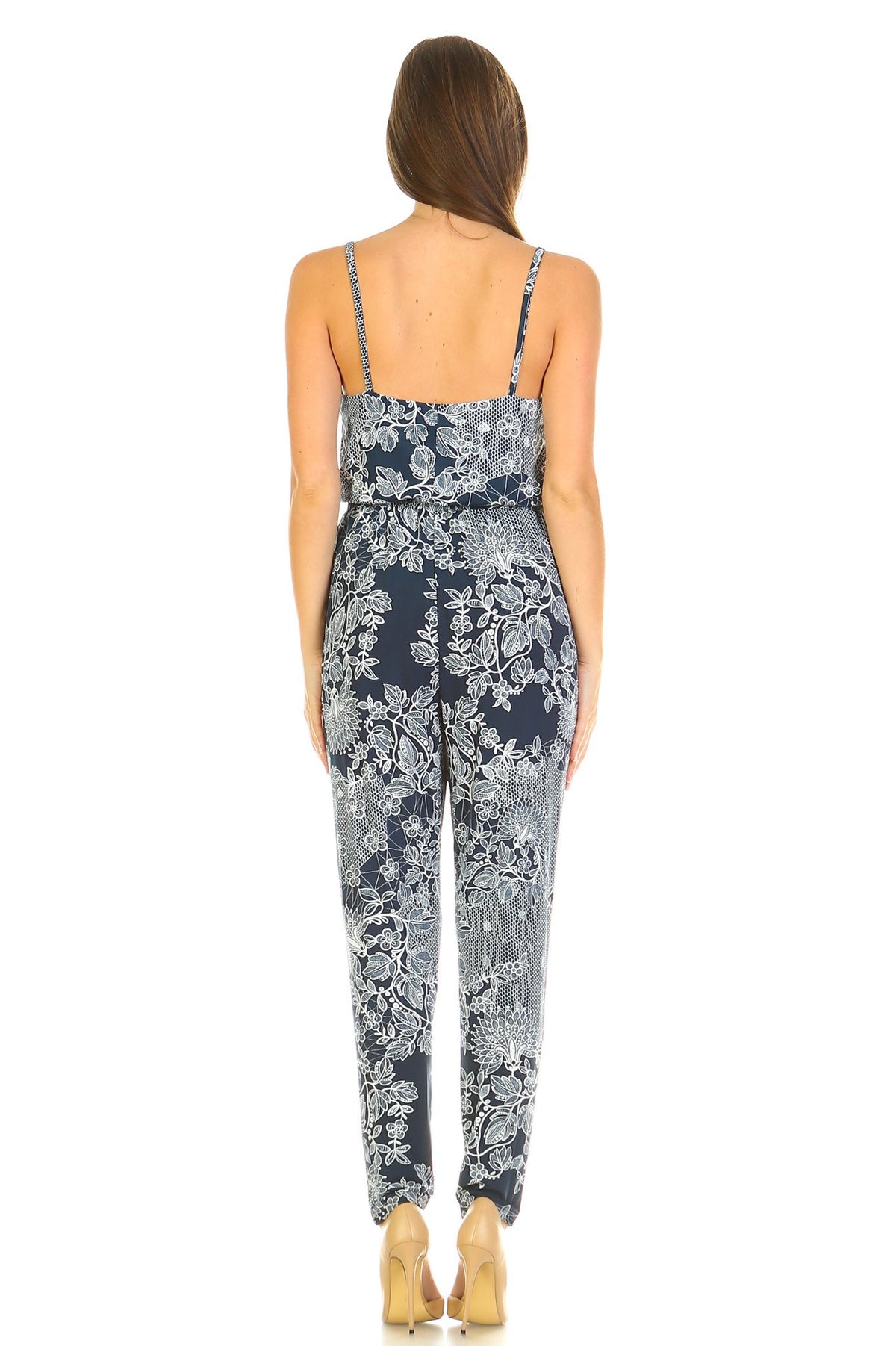 Women's Printed V-Neck Jumpsuit with Lace Detail - YuppyCollections