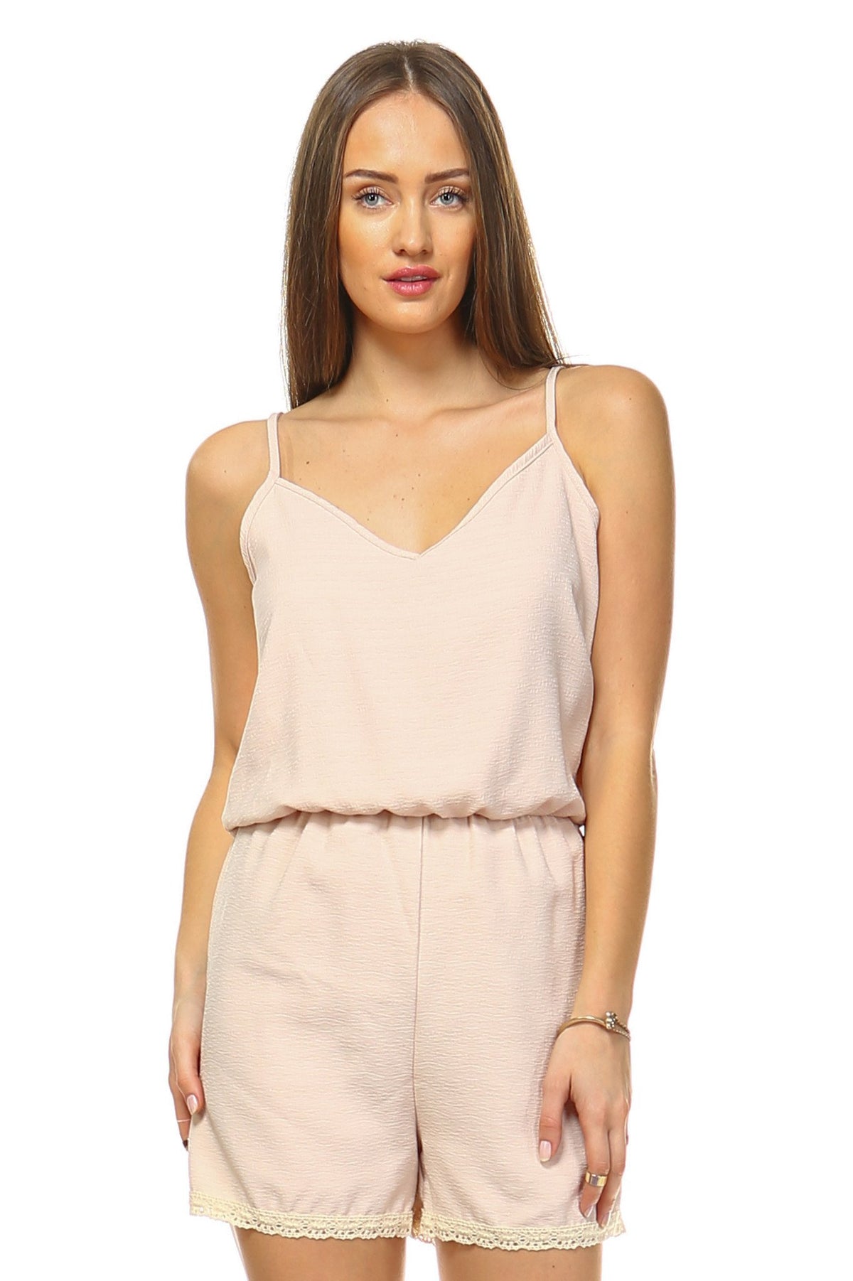 Women's V-Neck Romper with Embroidered Trim - YuppyCollections