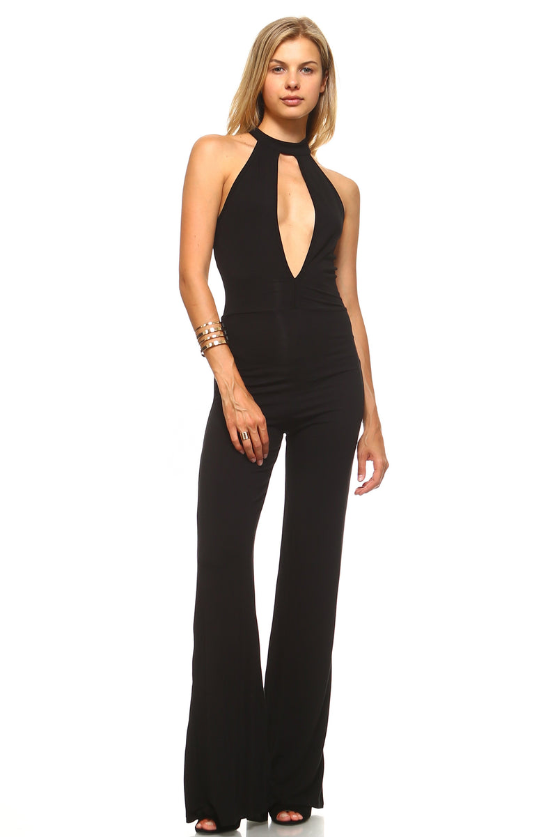 Women's Deep Key Hole Bell Bottom Jumpsuit - YuppyCollections