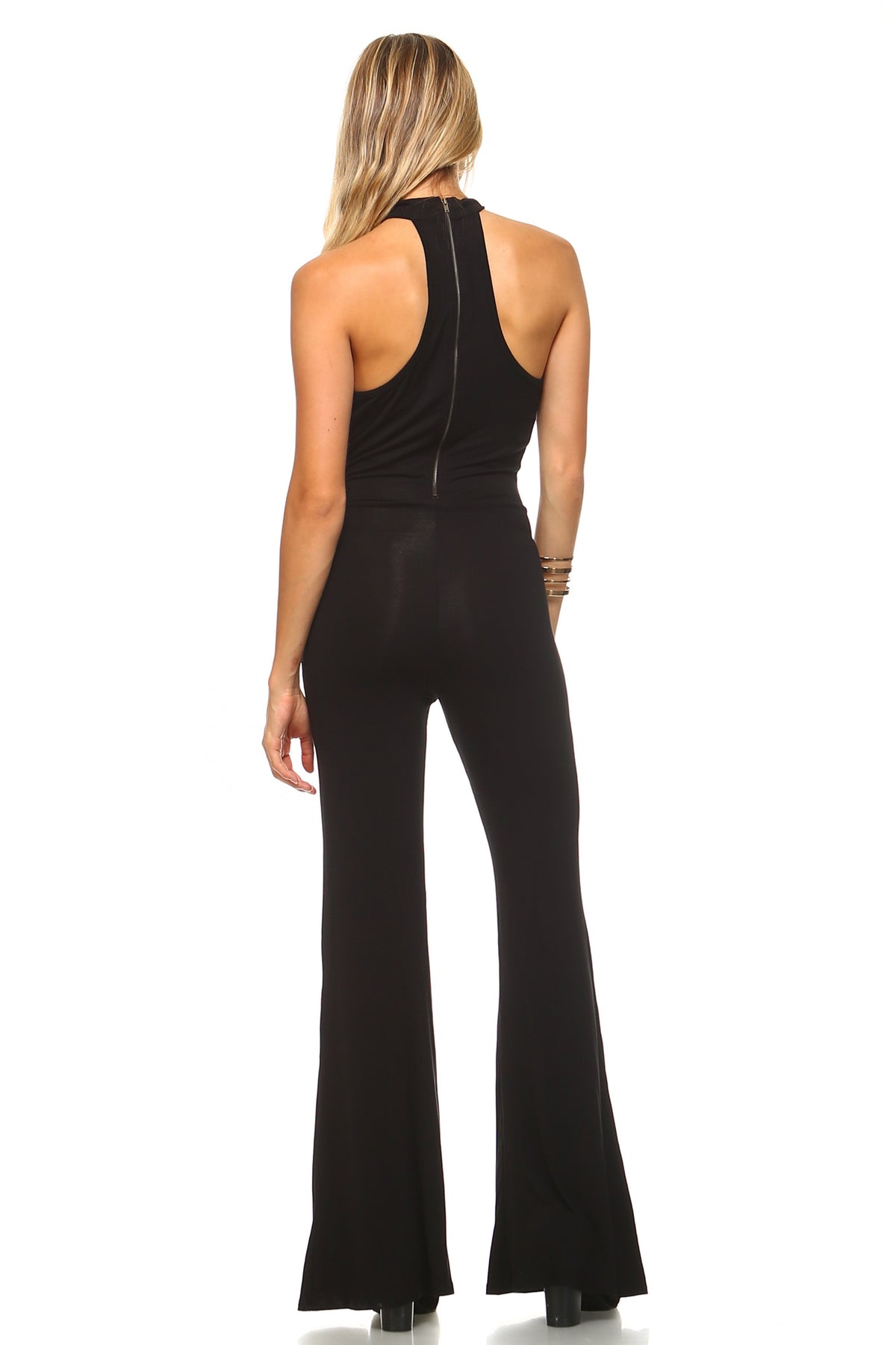 Women's Deep Key Hole Bell Bottom Jumpsuit - YuppyCollections