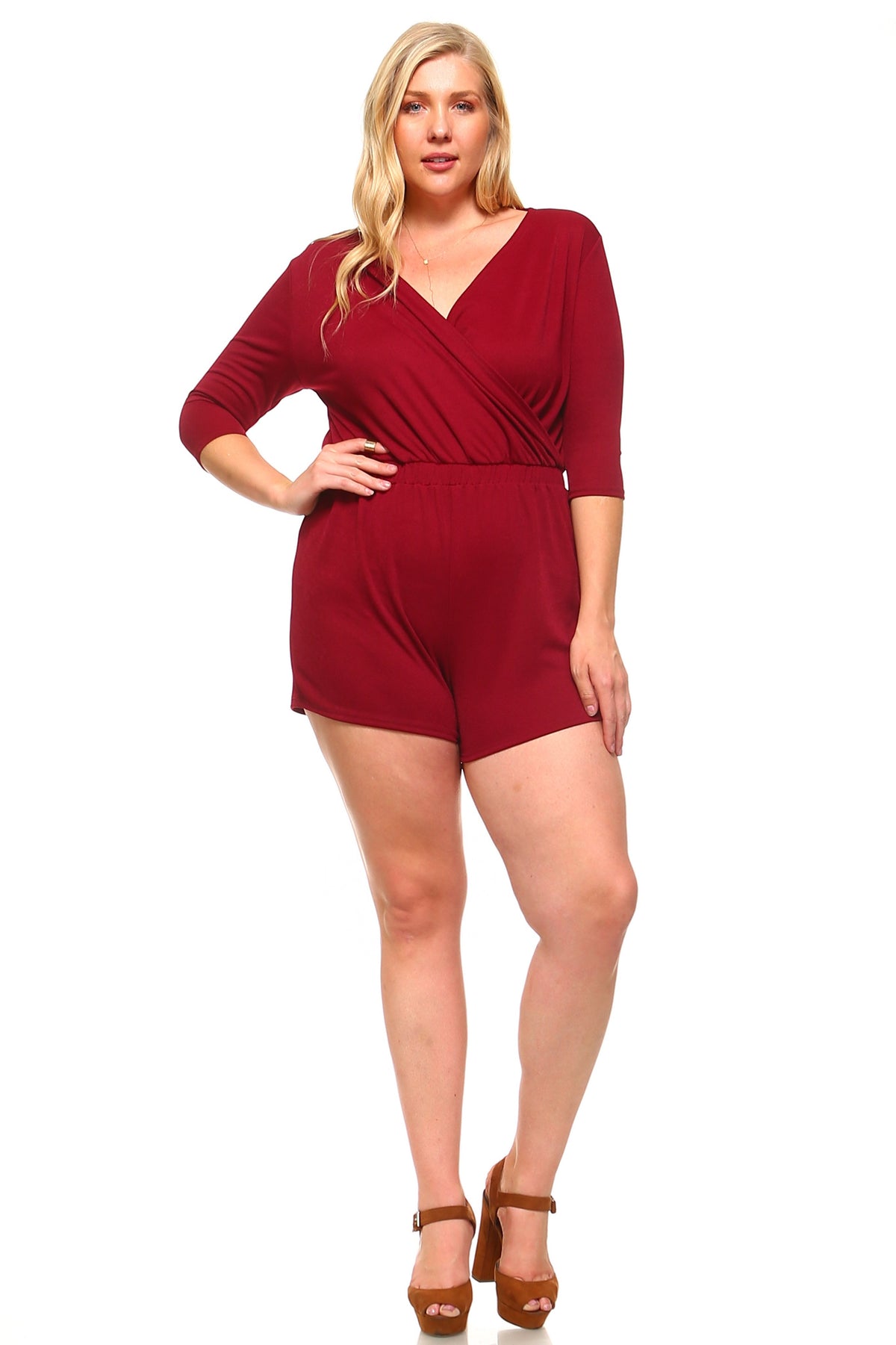 Women's Plus Size 3/4 Three Quarter V-Neck Romper - YuppyCollections