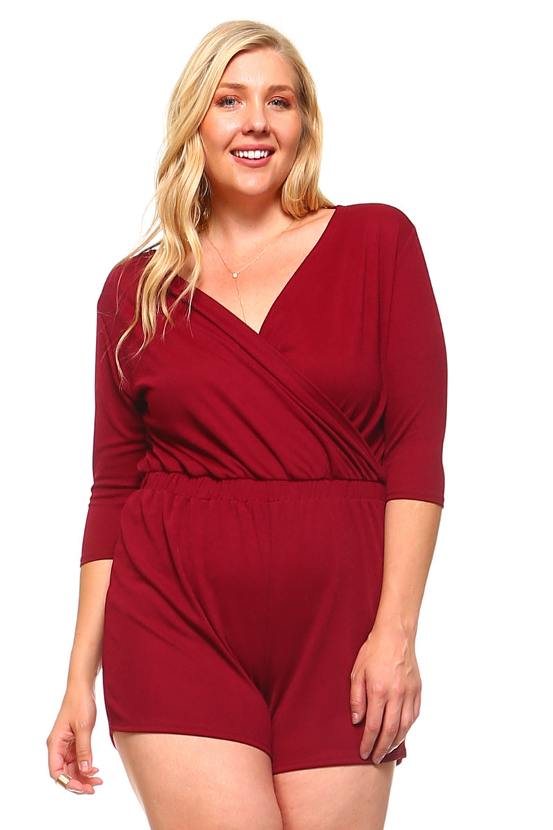 Women's Plus Size 3/4 Three Quarter V-Neck Romper - YuppyCollections