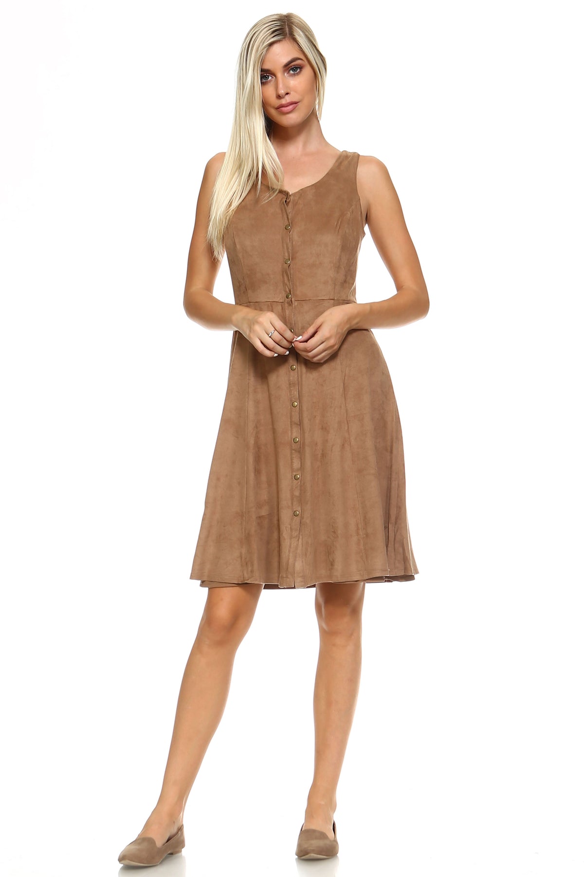 Women's Button Down Camel Suede Sleeveless Midi Dress - YuppyCollections