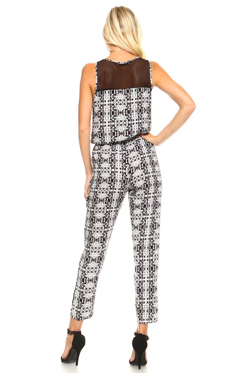 Women's Tribal Print Jumpsuit with Mesh Neck - YuppyCollections