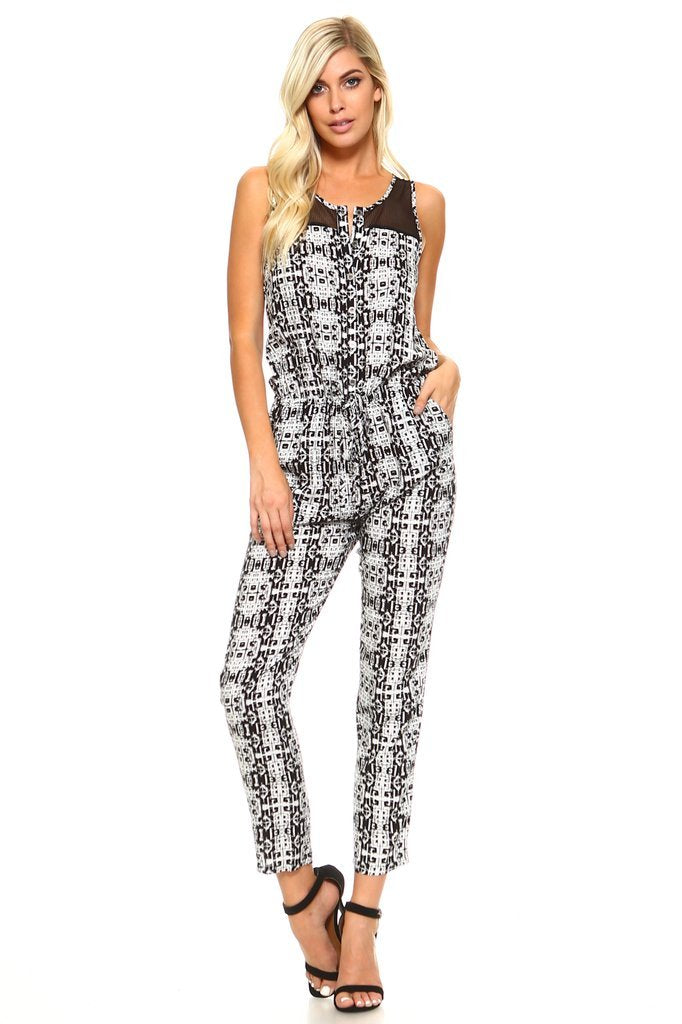 Women's Tribal Print Jumpsuit with Mesh Neck - YuppyCollections