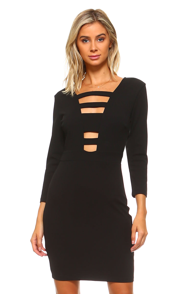 Women's 3/4 Three Quarter Sleeved Bodycon Dress with Cutout Chest - YuppyCollections