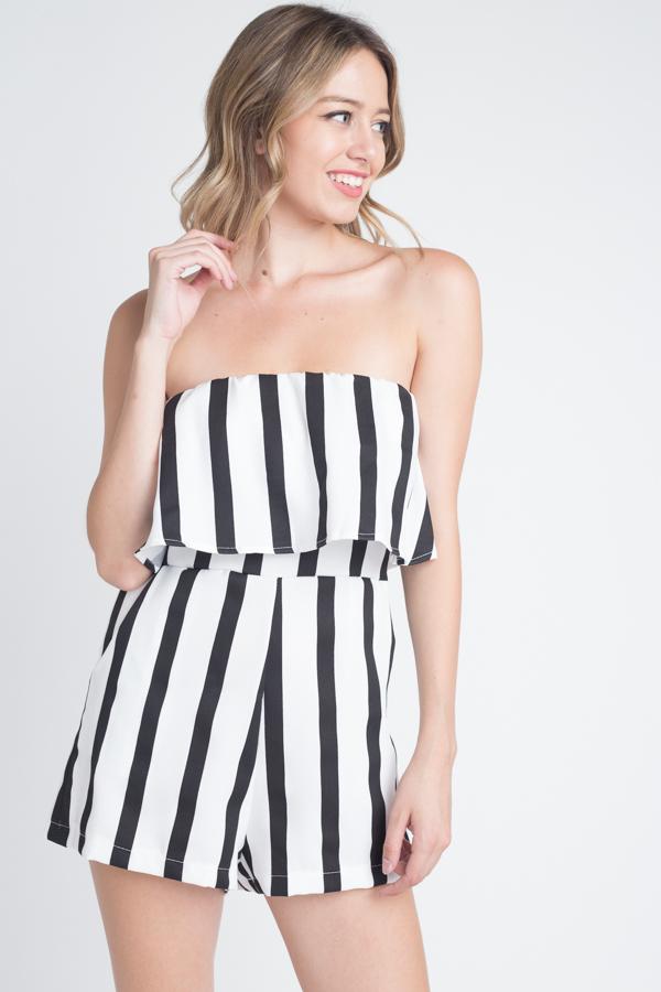 Women's Strapless Stripe Pocket Romper - YuppyCollections