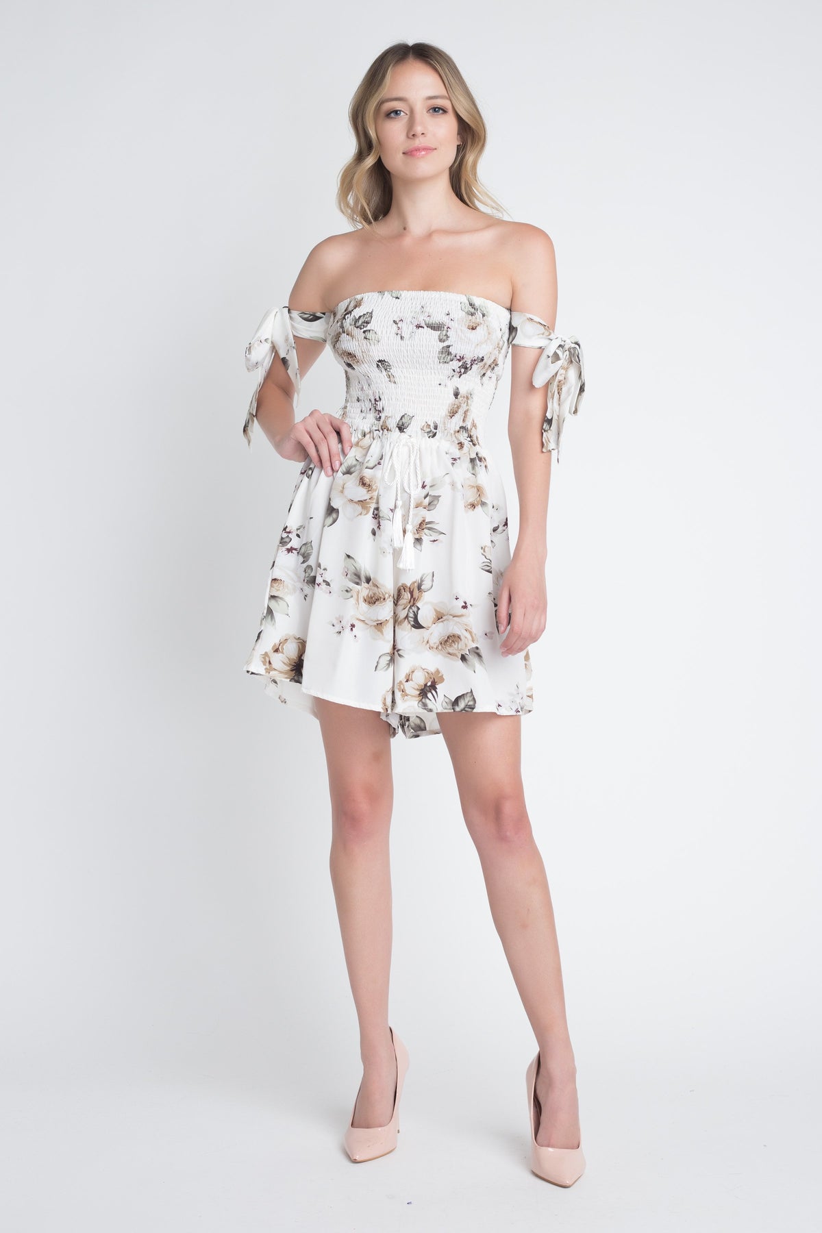 Women's Off Shoulder Smocked Floral Tie Romper - YuppyCollections