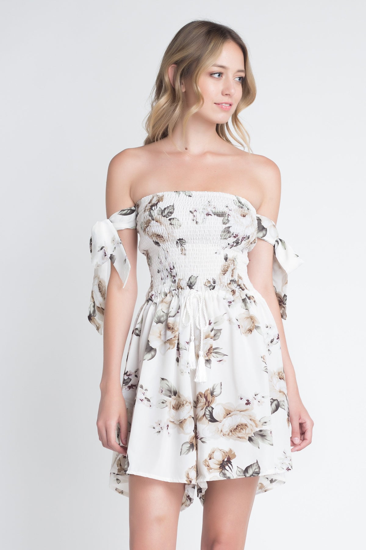 Women's Off Shoulder Smocked Floral Tie Romper - YuppyCollections