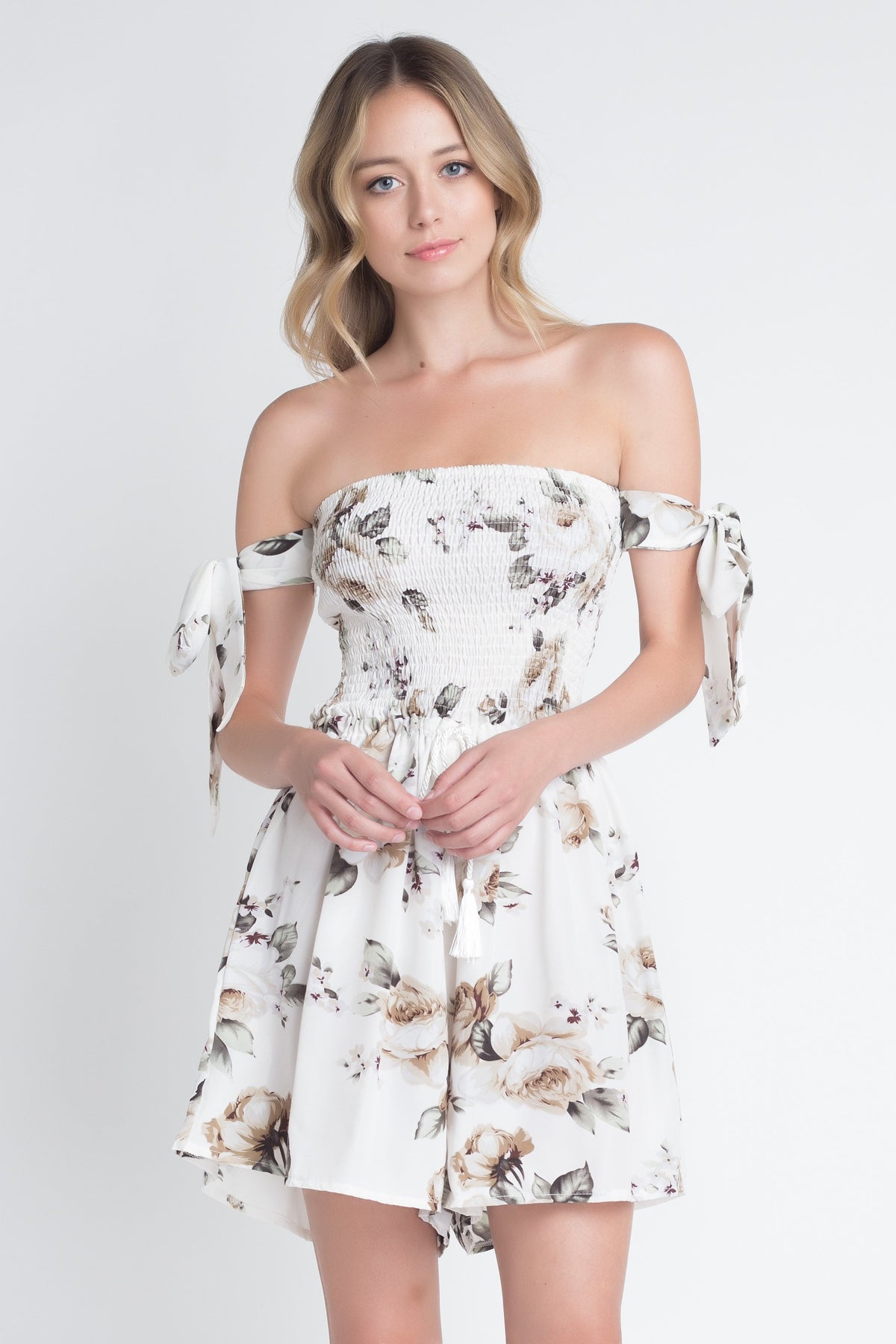 Women's Off Shoulder Smocked Floral Tie Romper - YuppyCollections