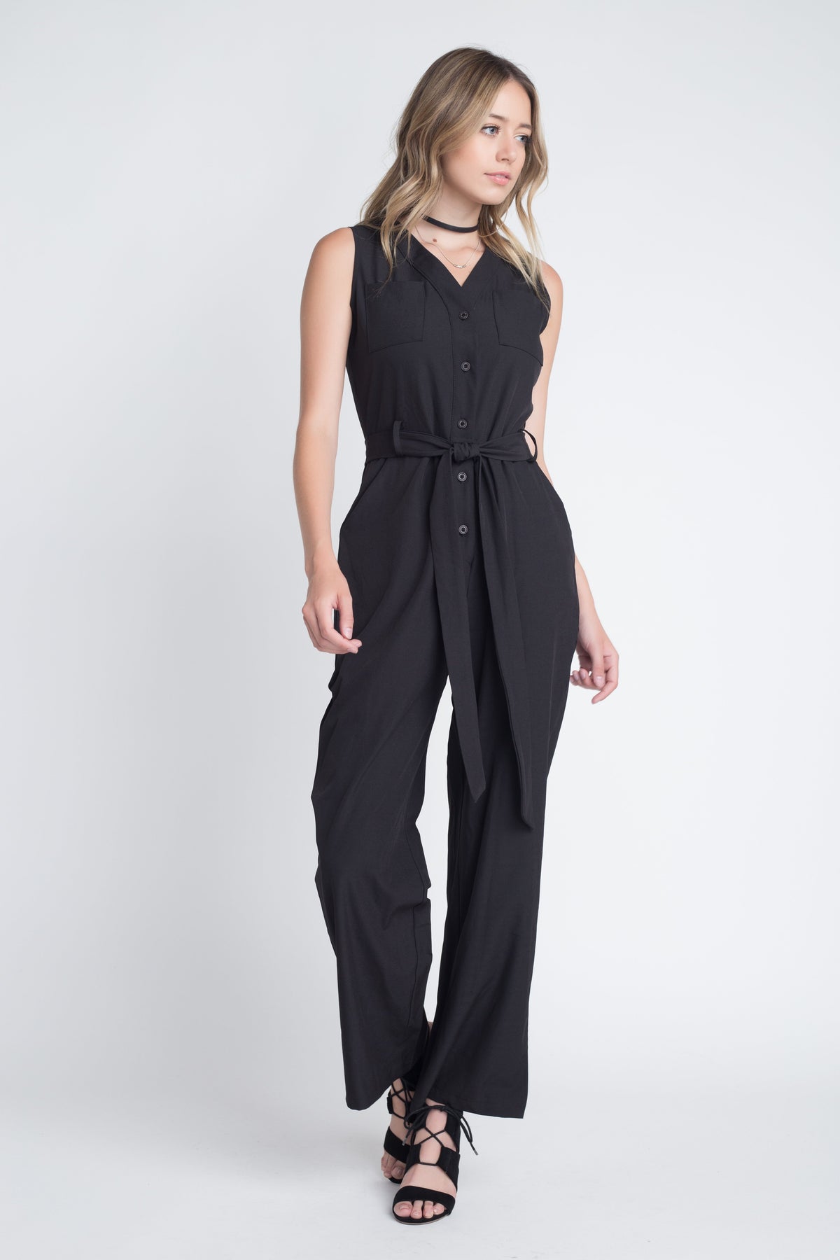 Women's Tie Sleeveless Buttoned Jumpsuit - YuppyCollections