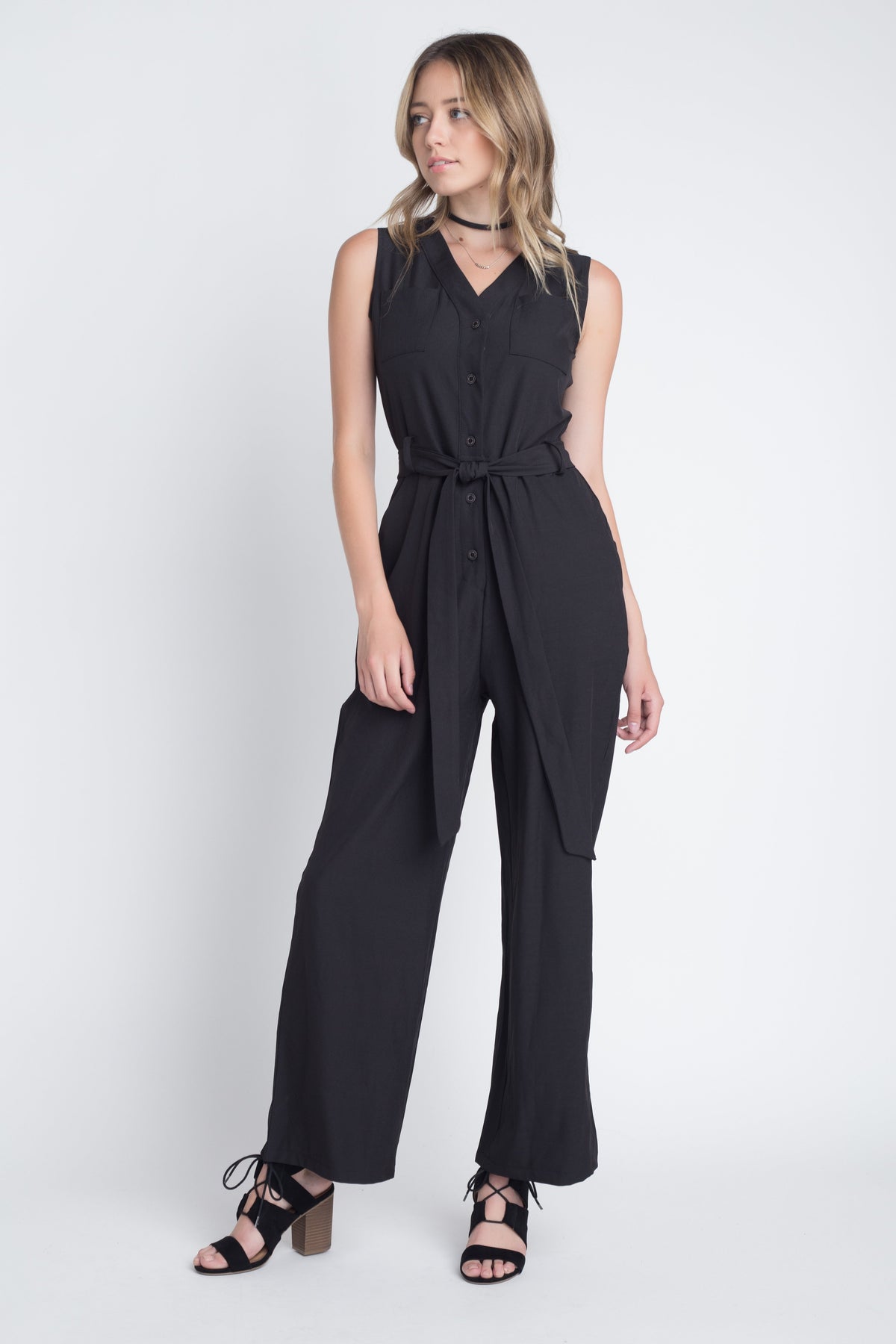 Women's Tie Sleeveless Buttoned Jumpsuit - YuppyCollections