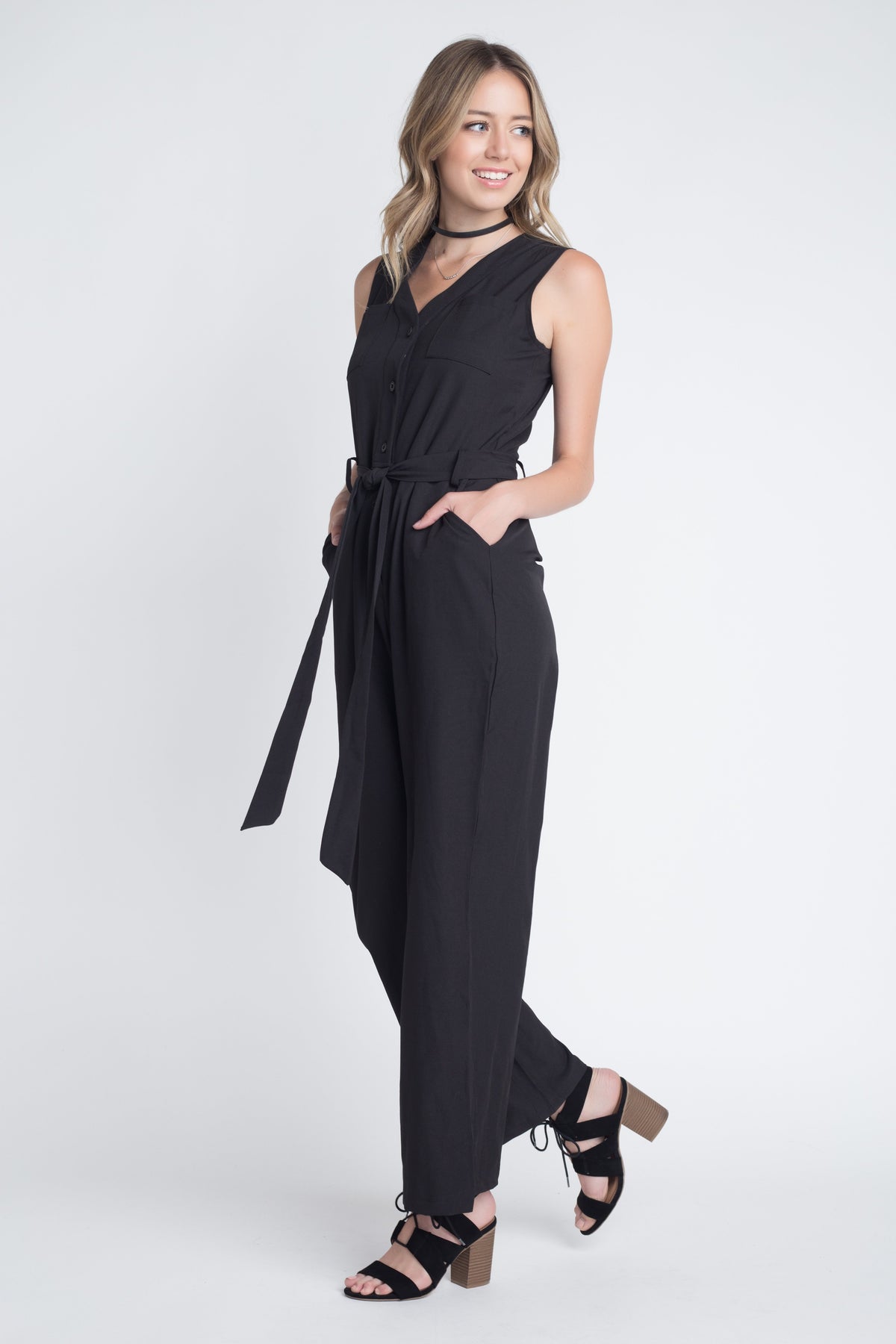 Women's Tie Sleeveless Buttoned Jumpsuit - YuppyCollections