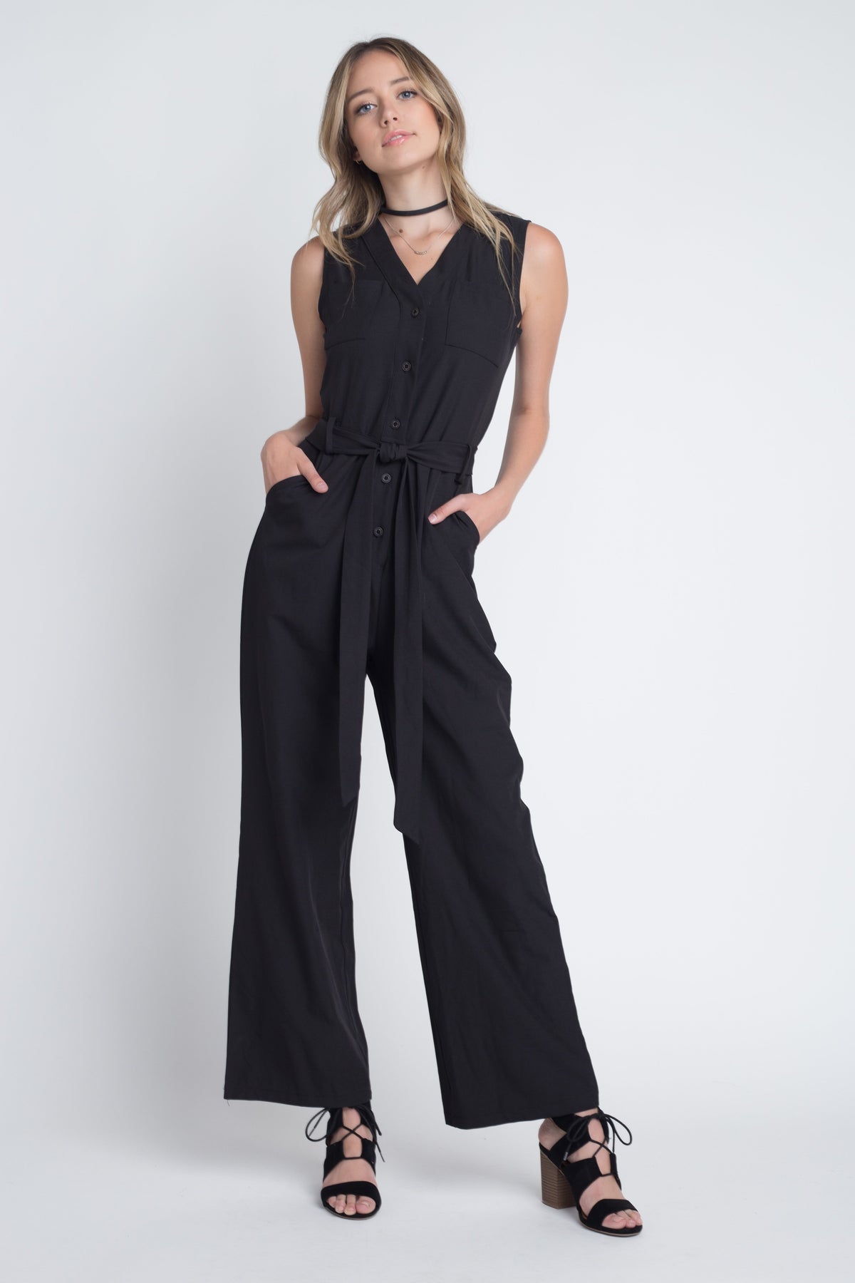 Women's Tie Sleeveless Buttoned Jumpsuit - YuppyCollections