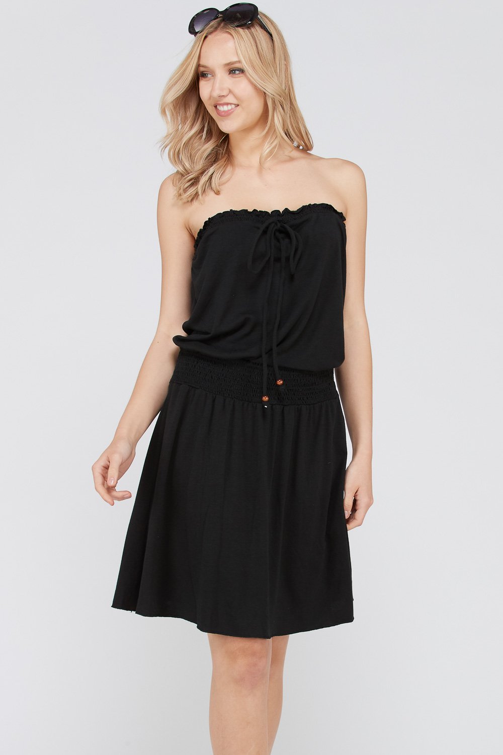 Women's Smock Strapless Dress with Elastic Waistband and Decorative Ties - YuppyCollections