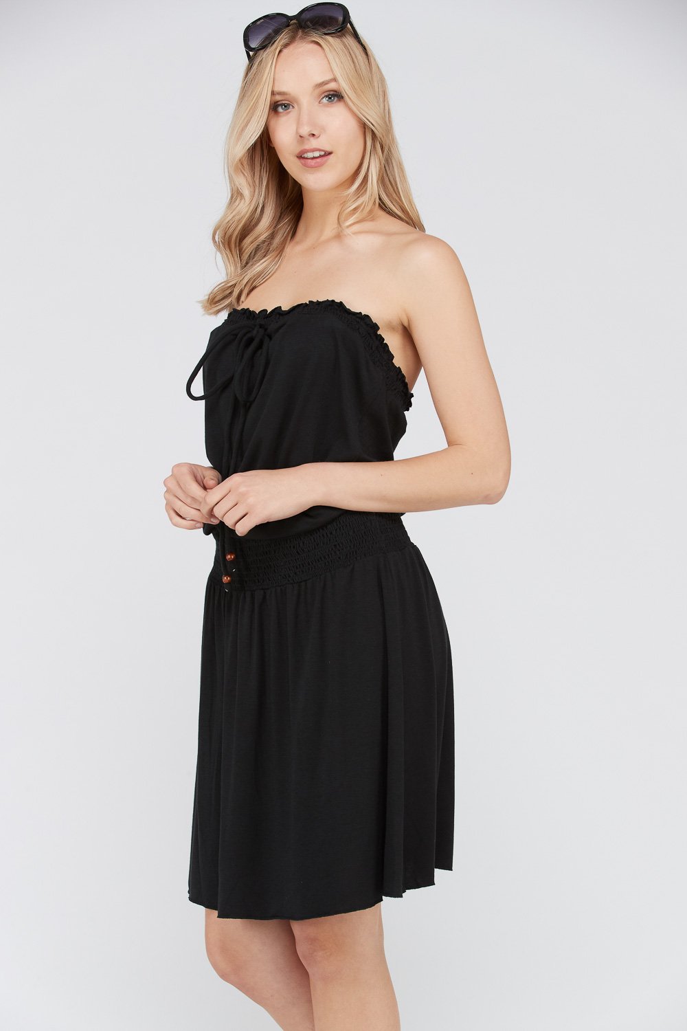 Women's Smock Strapless Dress with Elastic Waistband and Decorative Ties - YuppyCollections