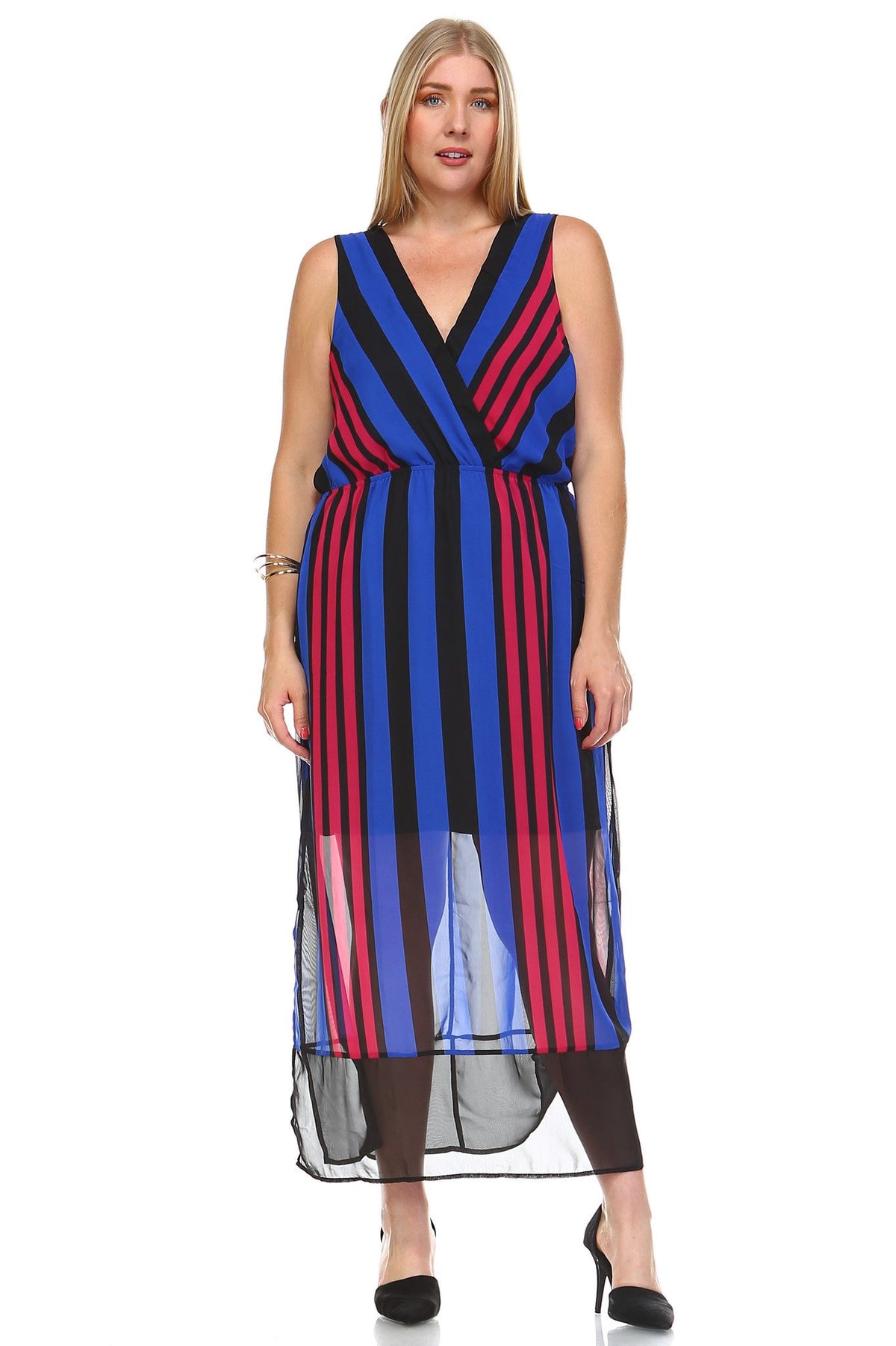 Women's Plus Size Striped V-Neck Chiffon Maxi Dress - YuppyCollections