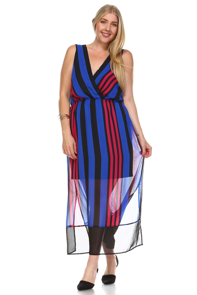 Women's Plus Size Striped V-Neck Chiffon Maxi Dress - YuppyCollections