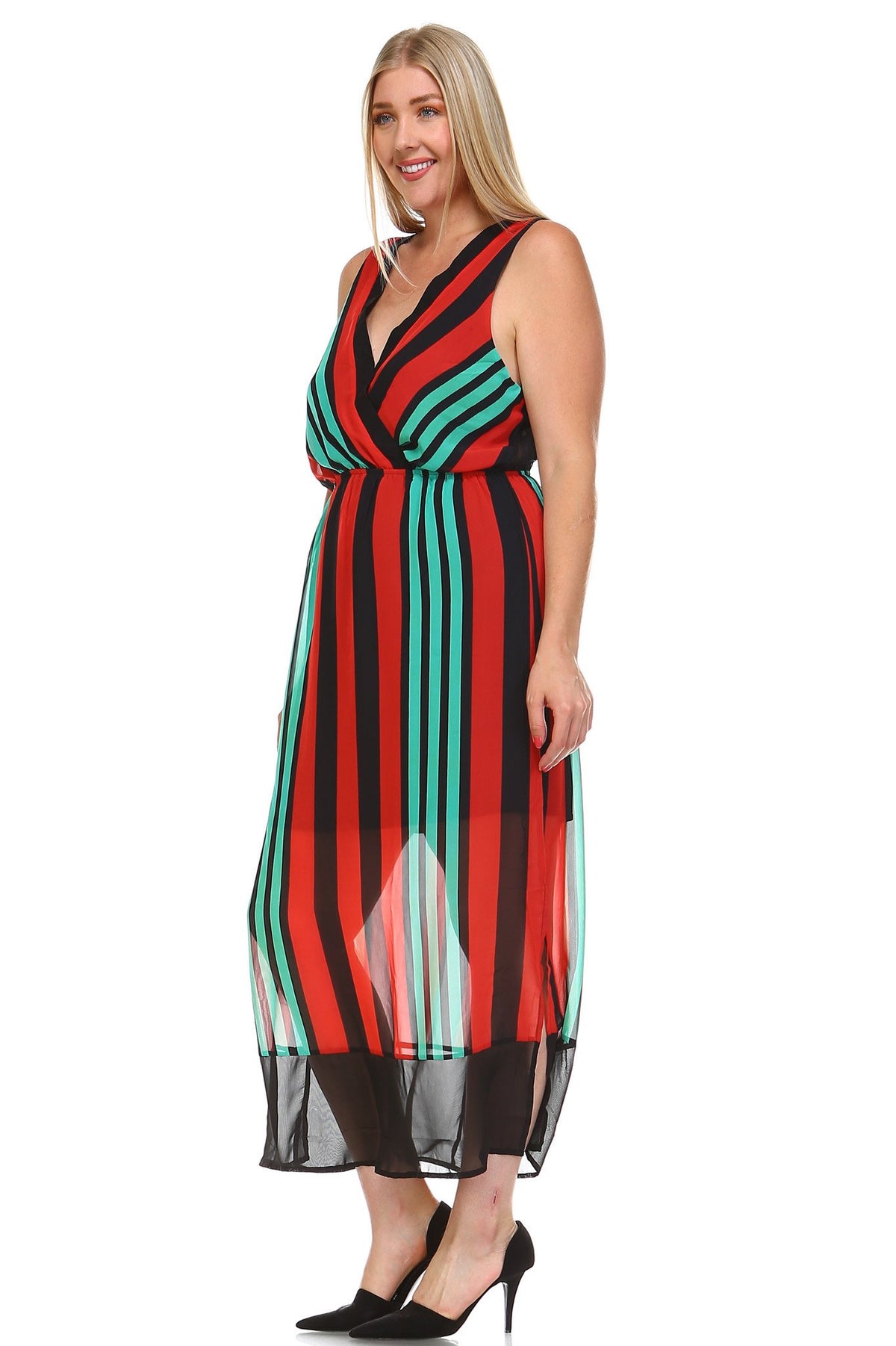 Women's Plus Size Striped V-Neck Chiffon Maxi Dress - YuppyCollections