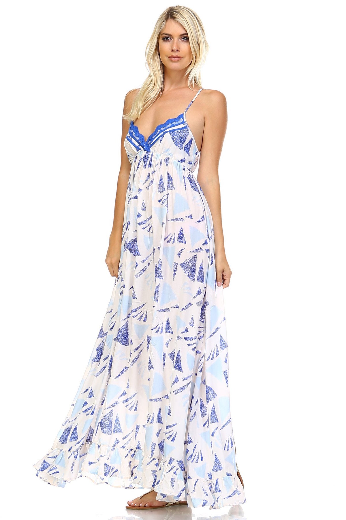 Women's Printed Tie-Back Maxi Dress w/Lace Trim - YuppyCollections