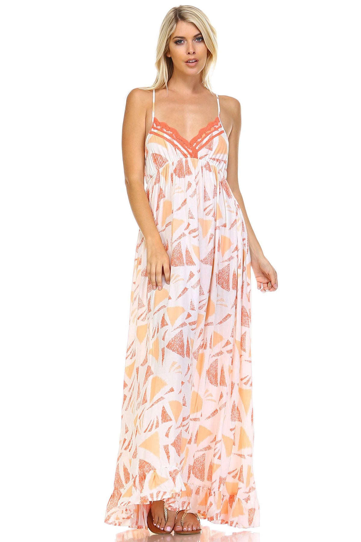 Women's Printed Tie-Back Maxi Dress w/Lace Trim - YuppyCollections