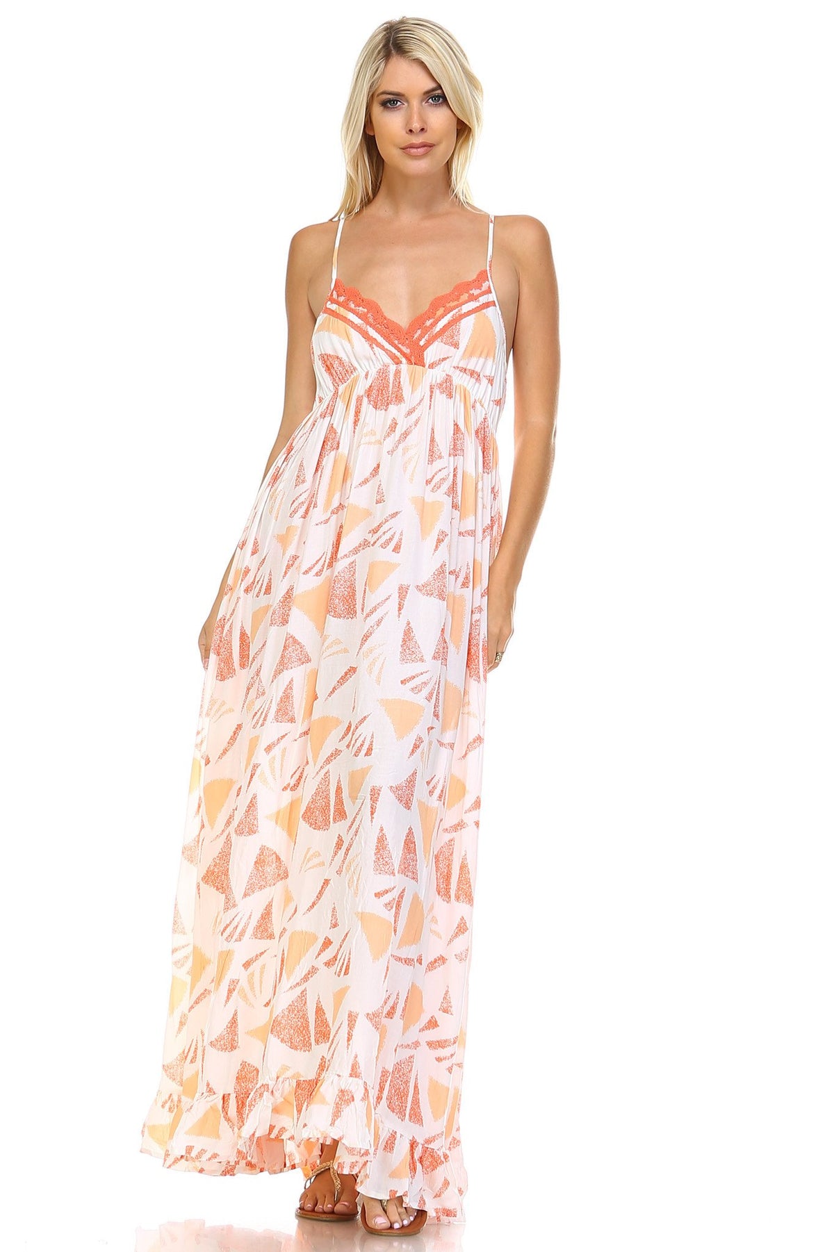 Women's Printed Tie-Back Maxi Dress w/Lace Trim - YuppyCollections