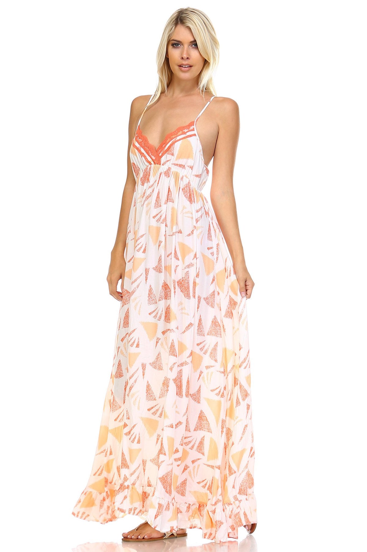 Women's Printed Tie-Back Maxi Dress w/Lace Trim - YuppyCollections