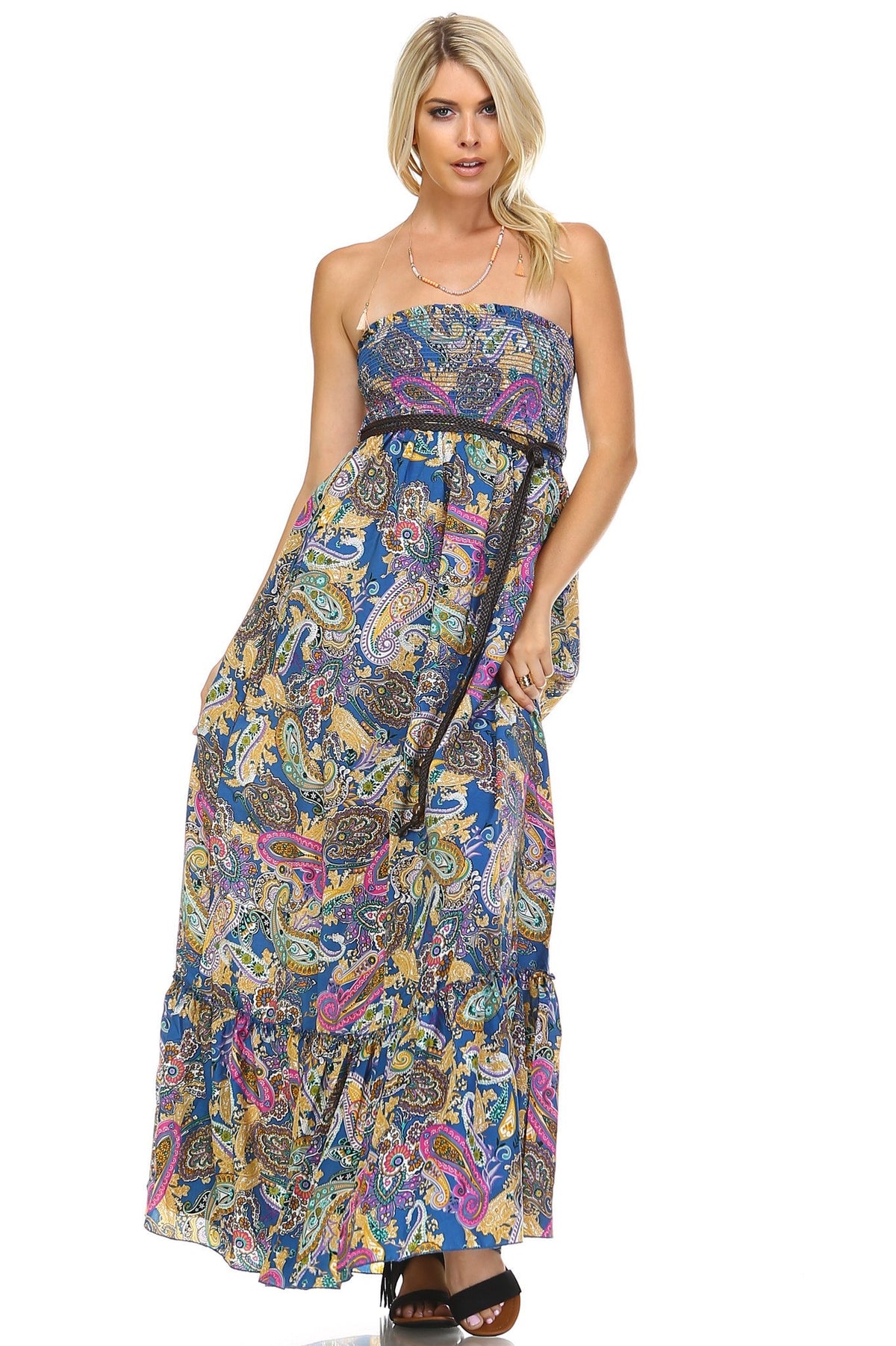 Women's Paisley Printed Strapless Belted Maxi Dress - YuppyCollections