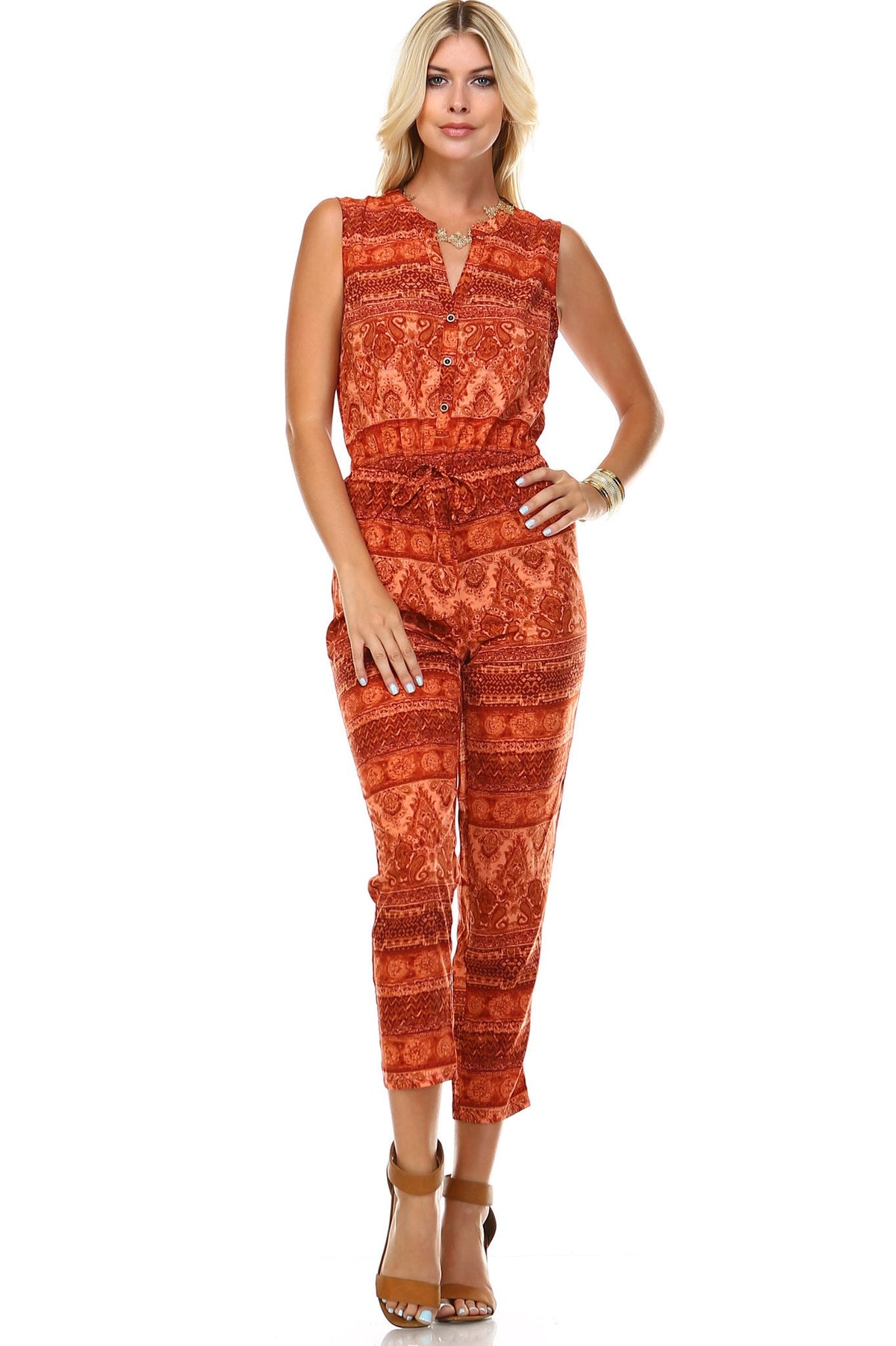 Women's Printed Button Up Sleeveless Jumpsuit - YuppyCollections