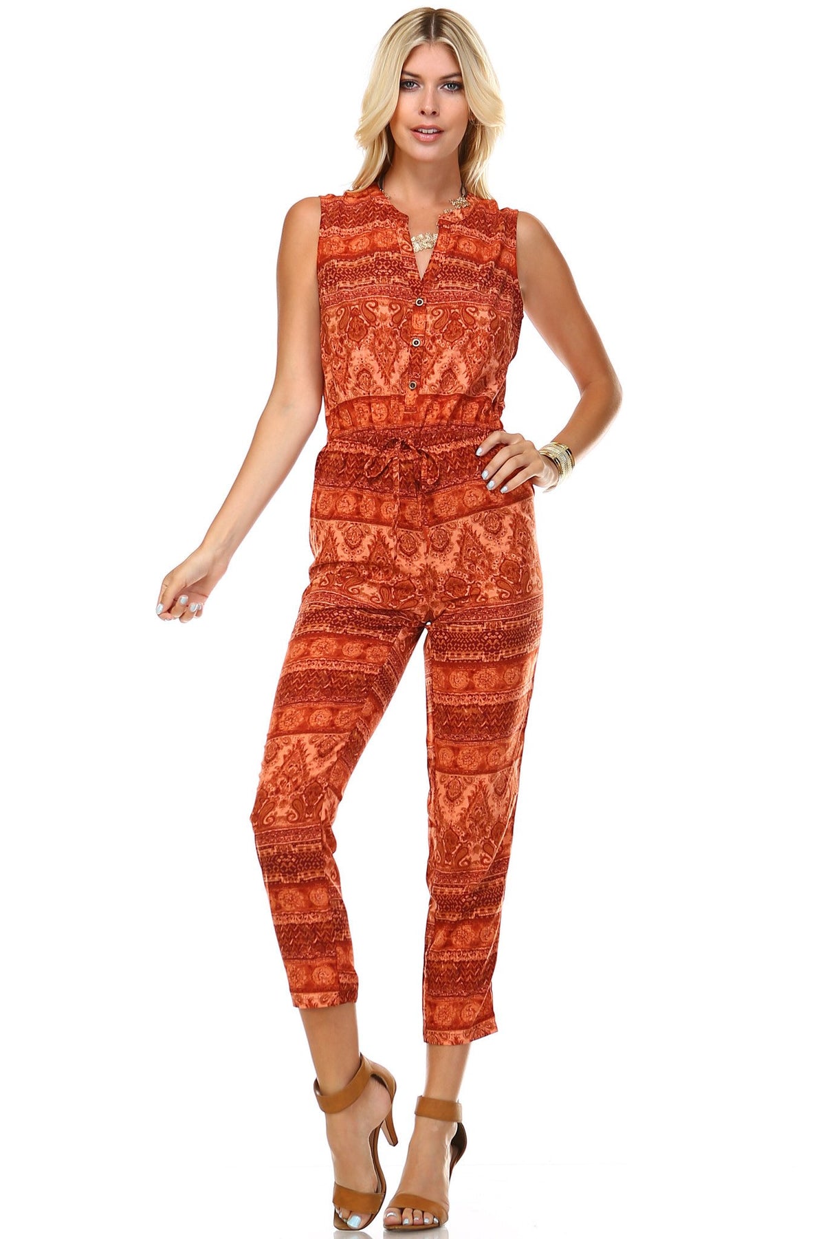 Women's Printed Button Up Sleeveless Jumpsuit - YuppyCollections