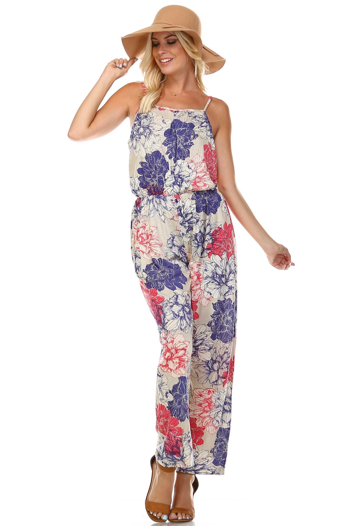 Women's Printed V-Back Elastic Waistline Jumpsuit - YuppyCollections