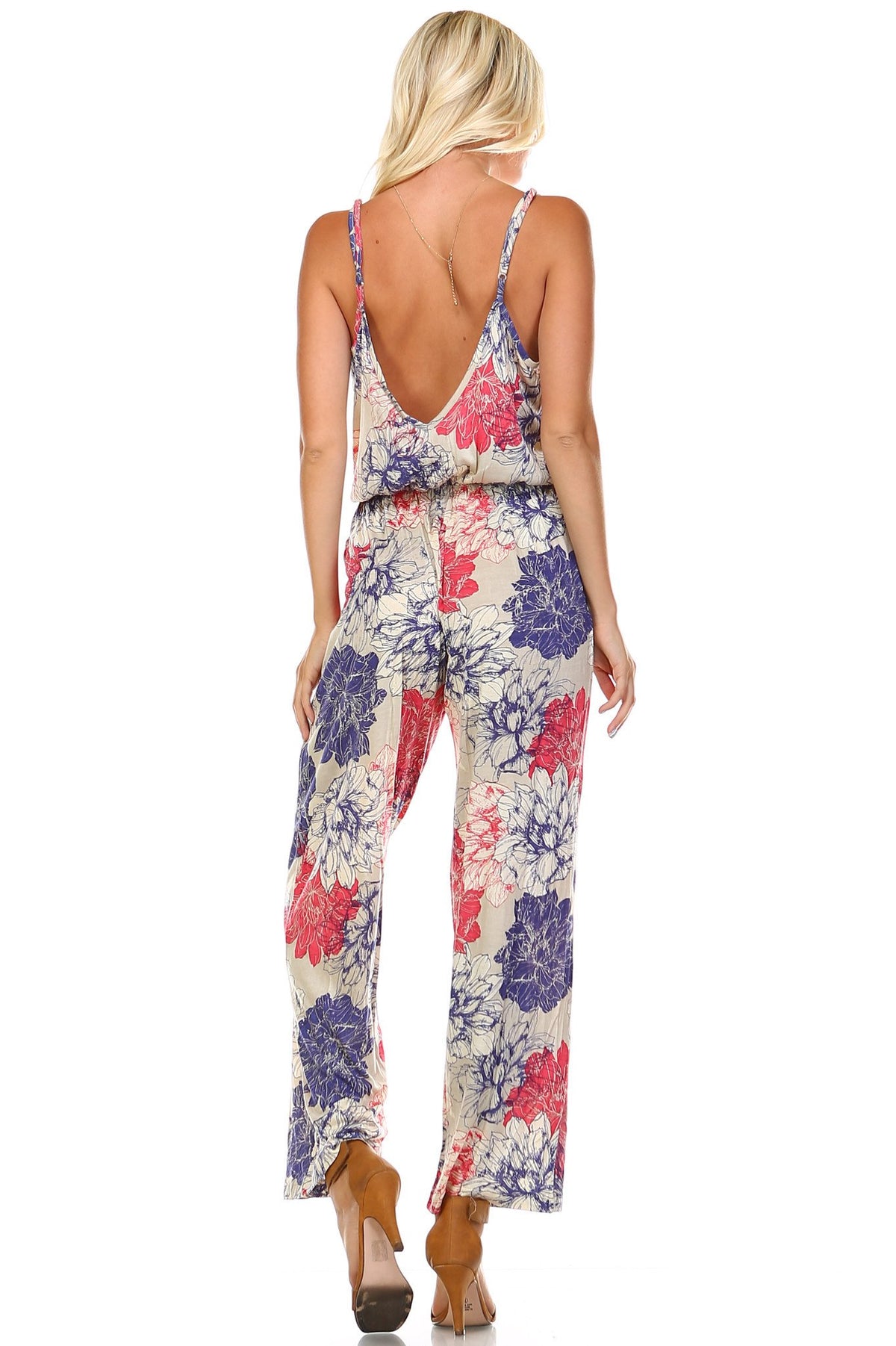 Women's Printed V-Back Elastic Waistline Jumpsuit - YuppyCollections