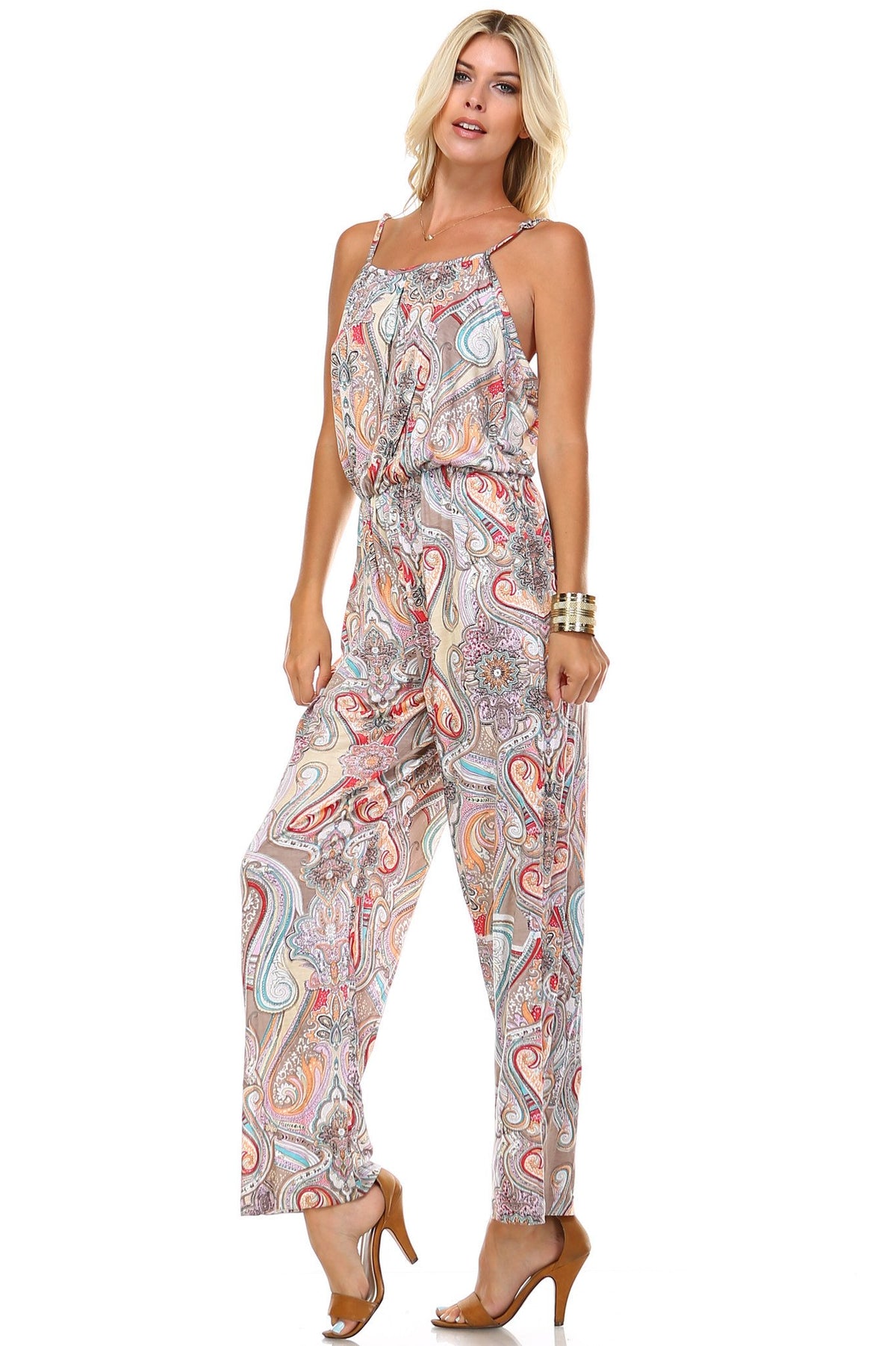 Women's Printed V-Back Elastic Waistline Jumpsuit - YuppyCollections