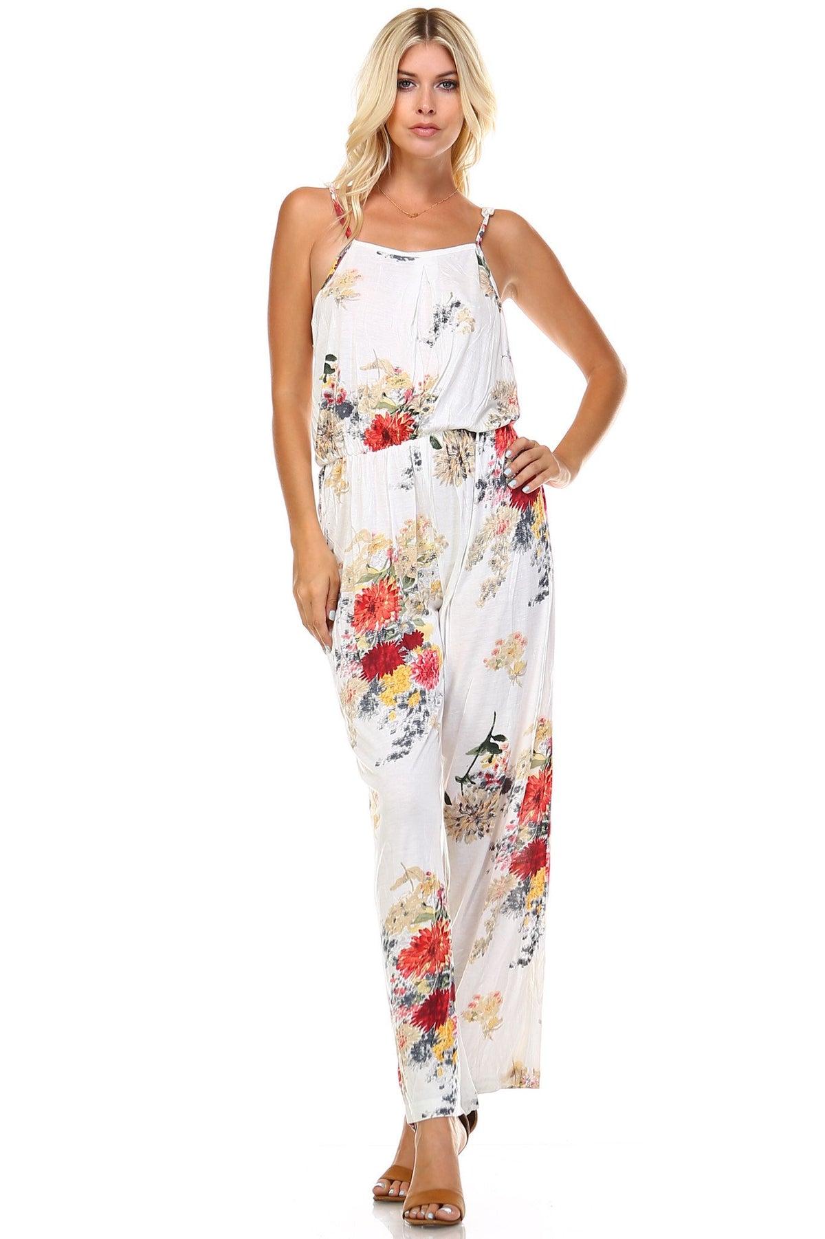 Women's Printed V-Back Elastic Waistline Jumpsuit - YuppyCollections